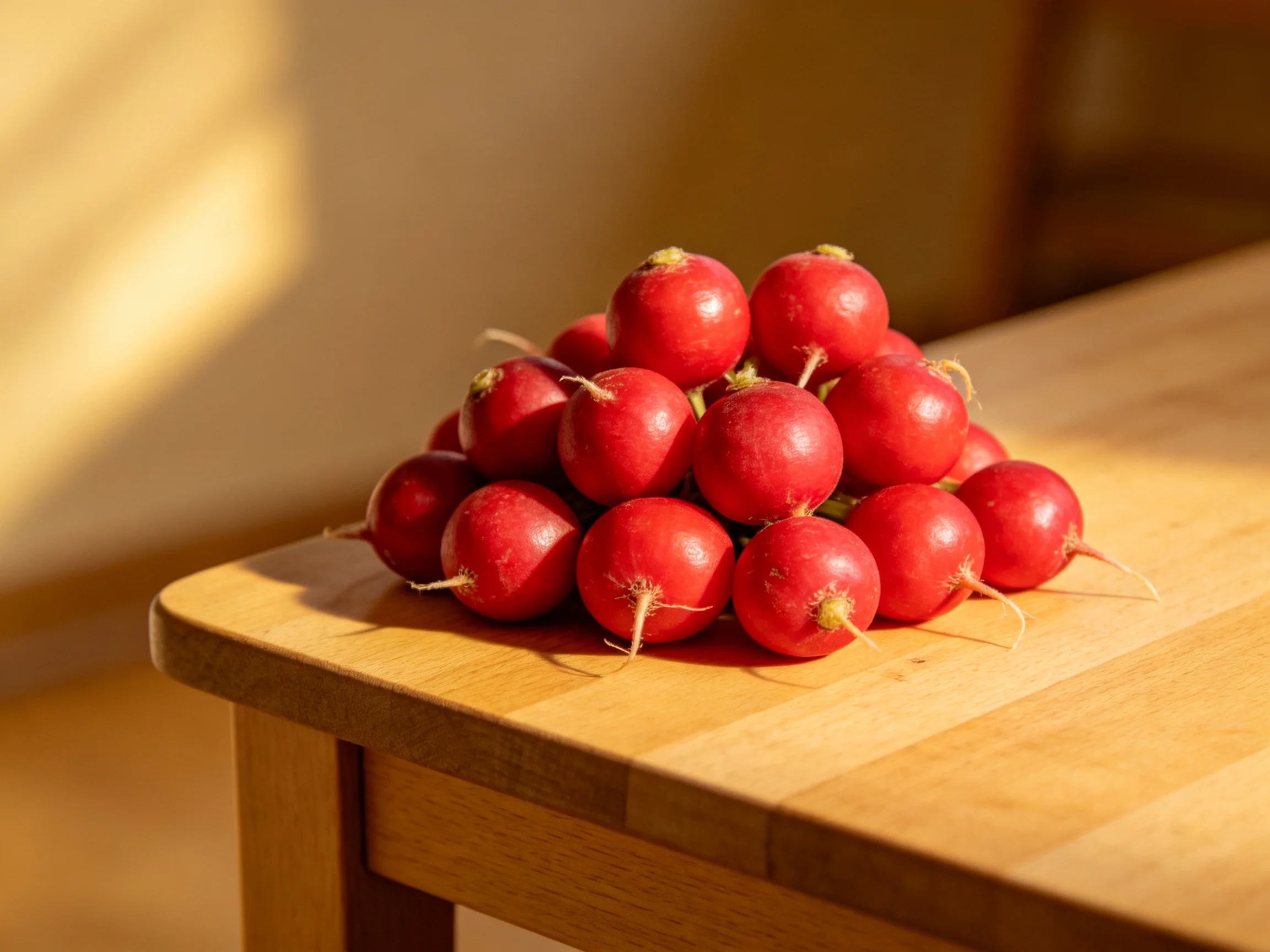 A pyramid of vibrant red radishes sits atop a polished wooden table