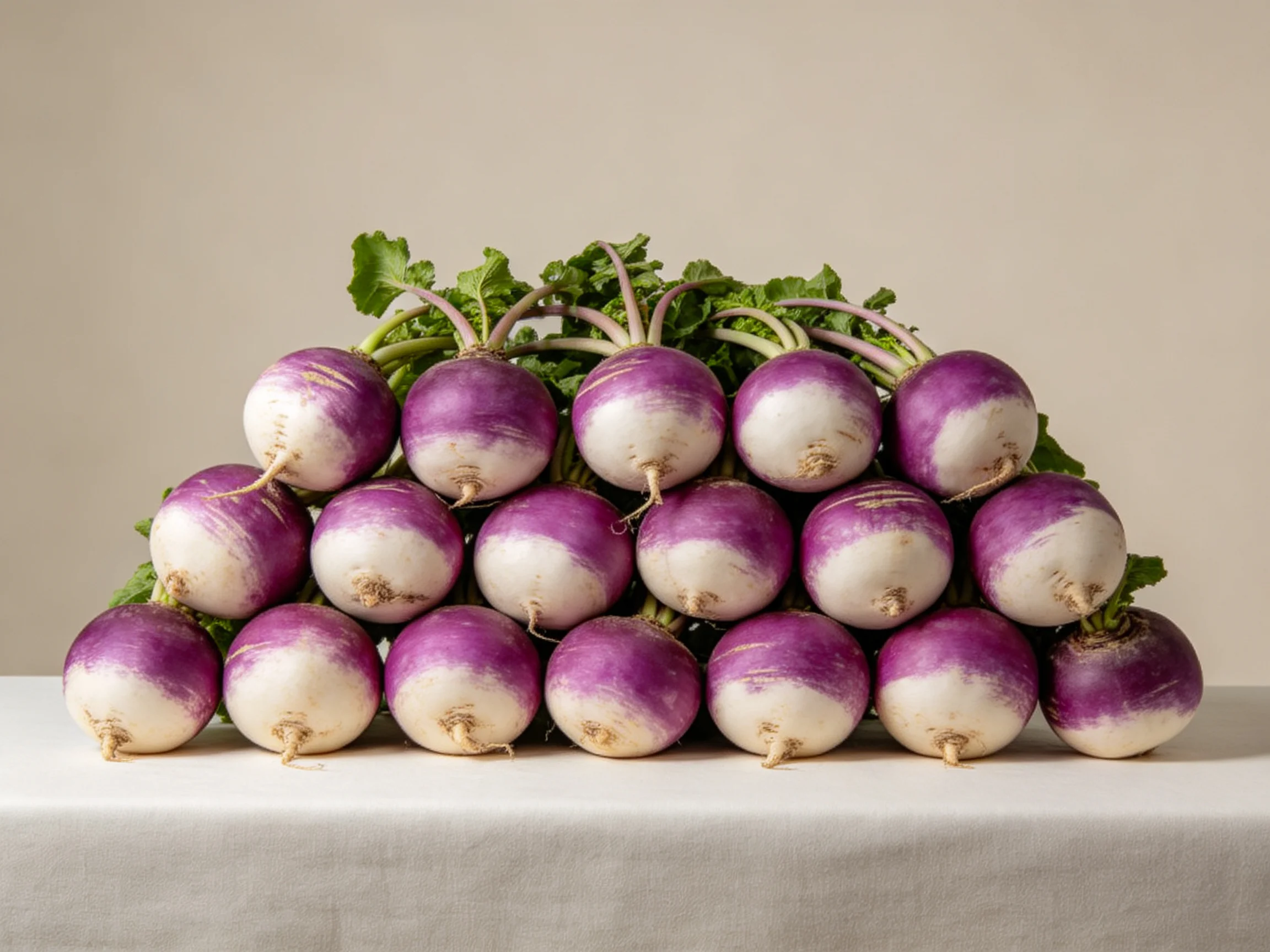 A pyramid-shaped arrangement of purple and white turnips with green foliage