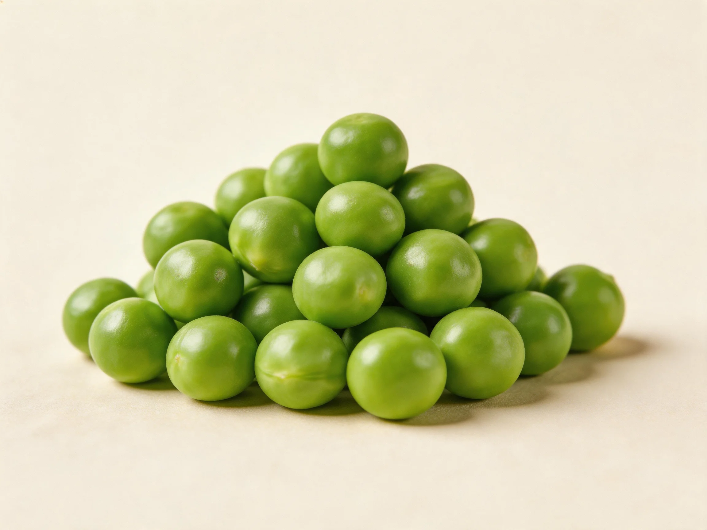 A pyramid - shaped pile of fresh green peas on a neutral background