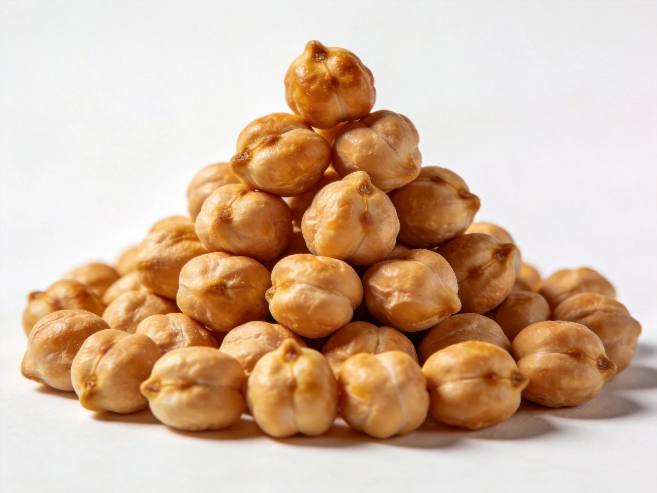 A pyramid - shaped pile of golden - brown chickpeas on a white surface