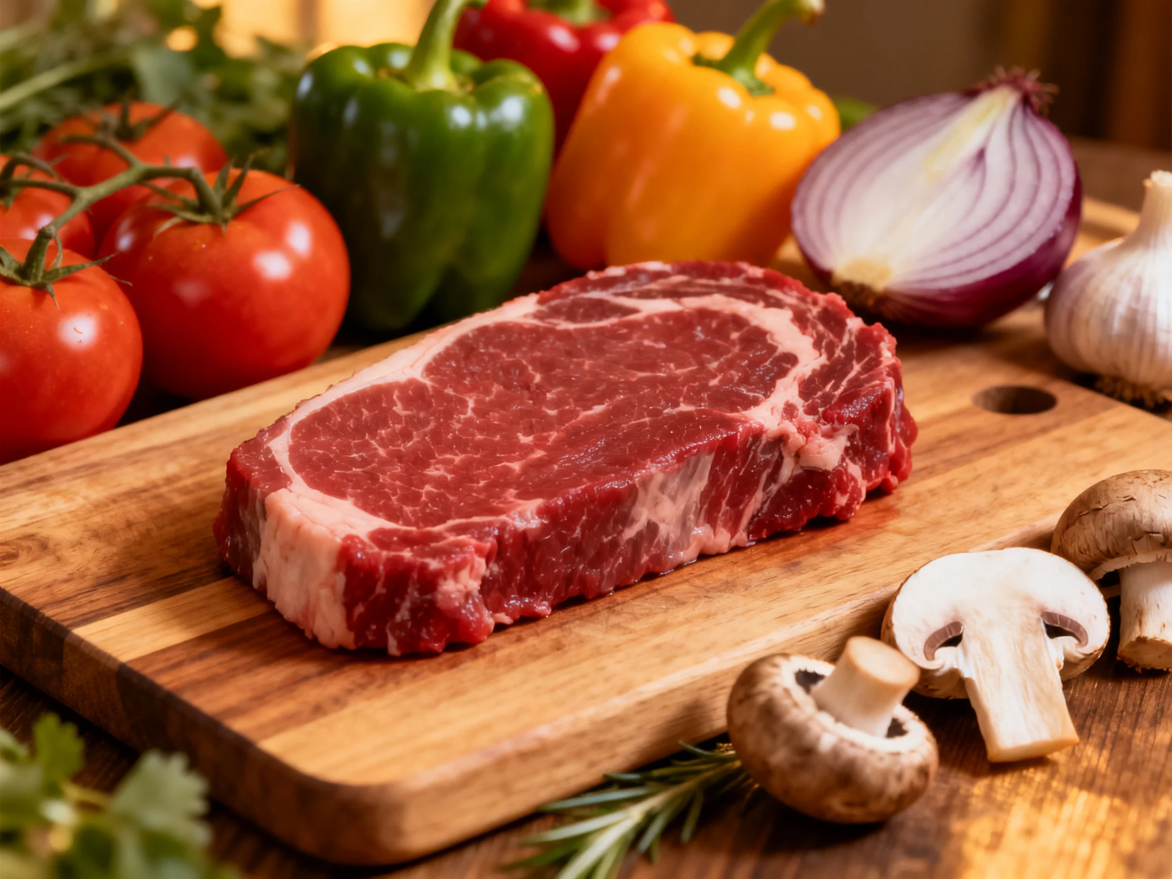 A raw steak on a wooden cutting board with colorful fresh vegetables