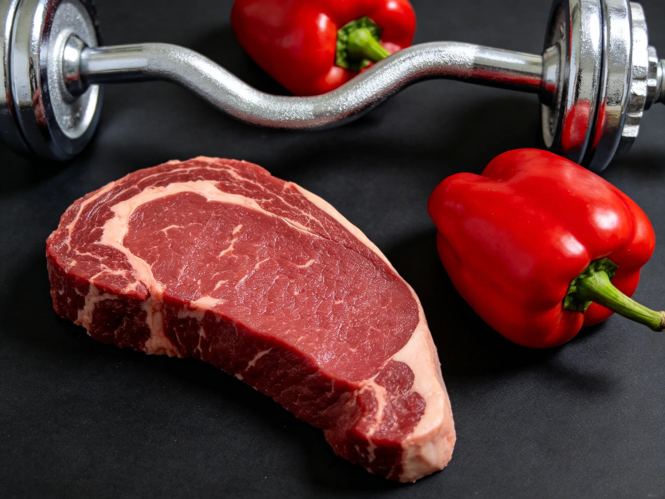 A raw steak, two red bell peppers, and a chrome dumbbell on a dark surface