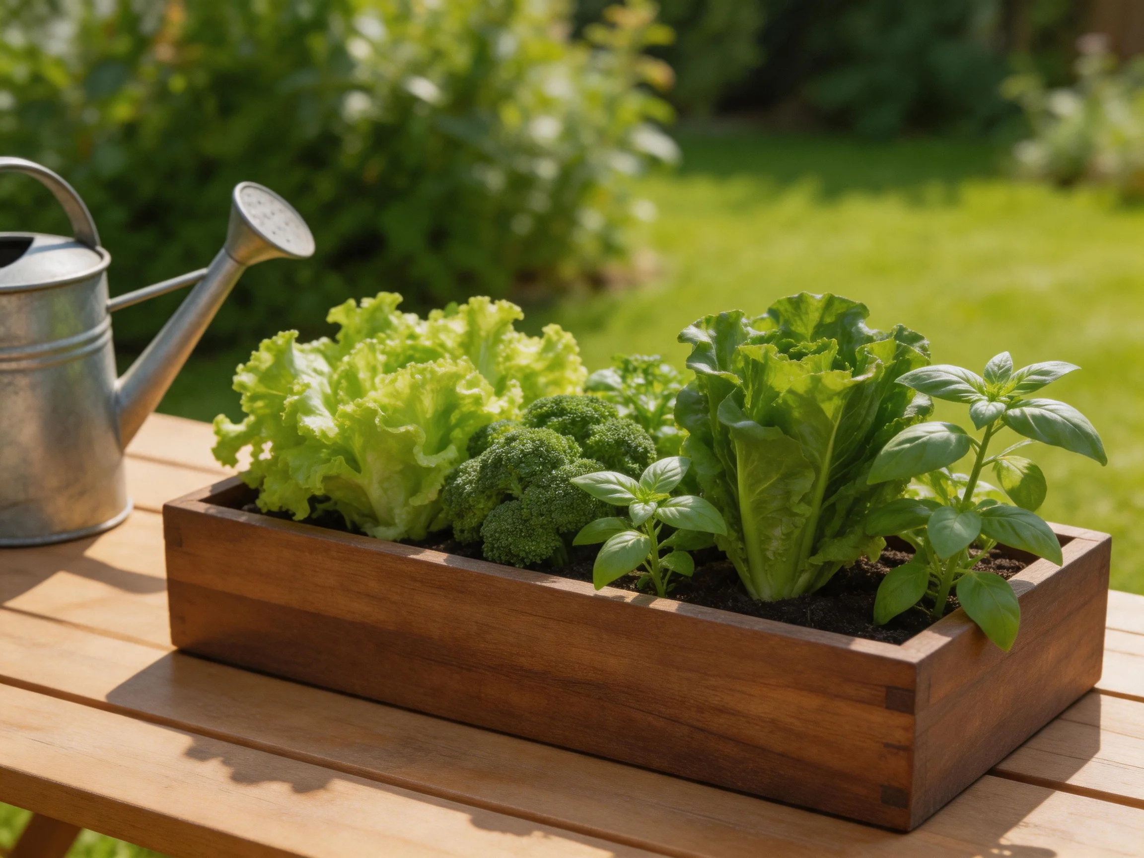A rectangular wooden planter box with leafy greens and herbs sits on a wooden table beside a metal wa