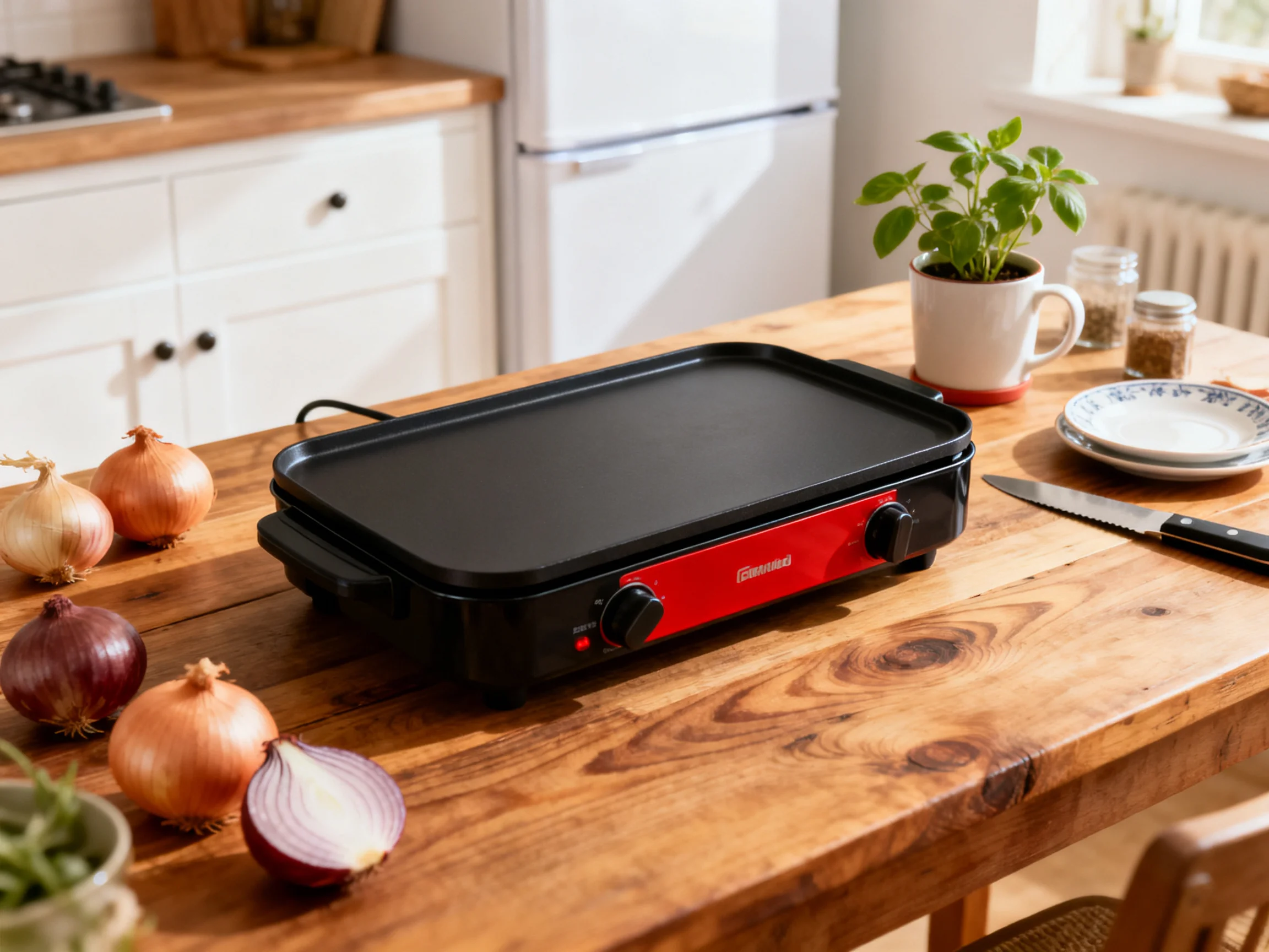A red and black electric griddle sits on a wooden table with onions and kitchenware.