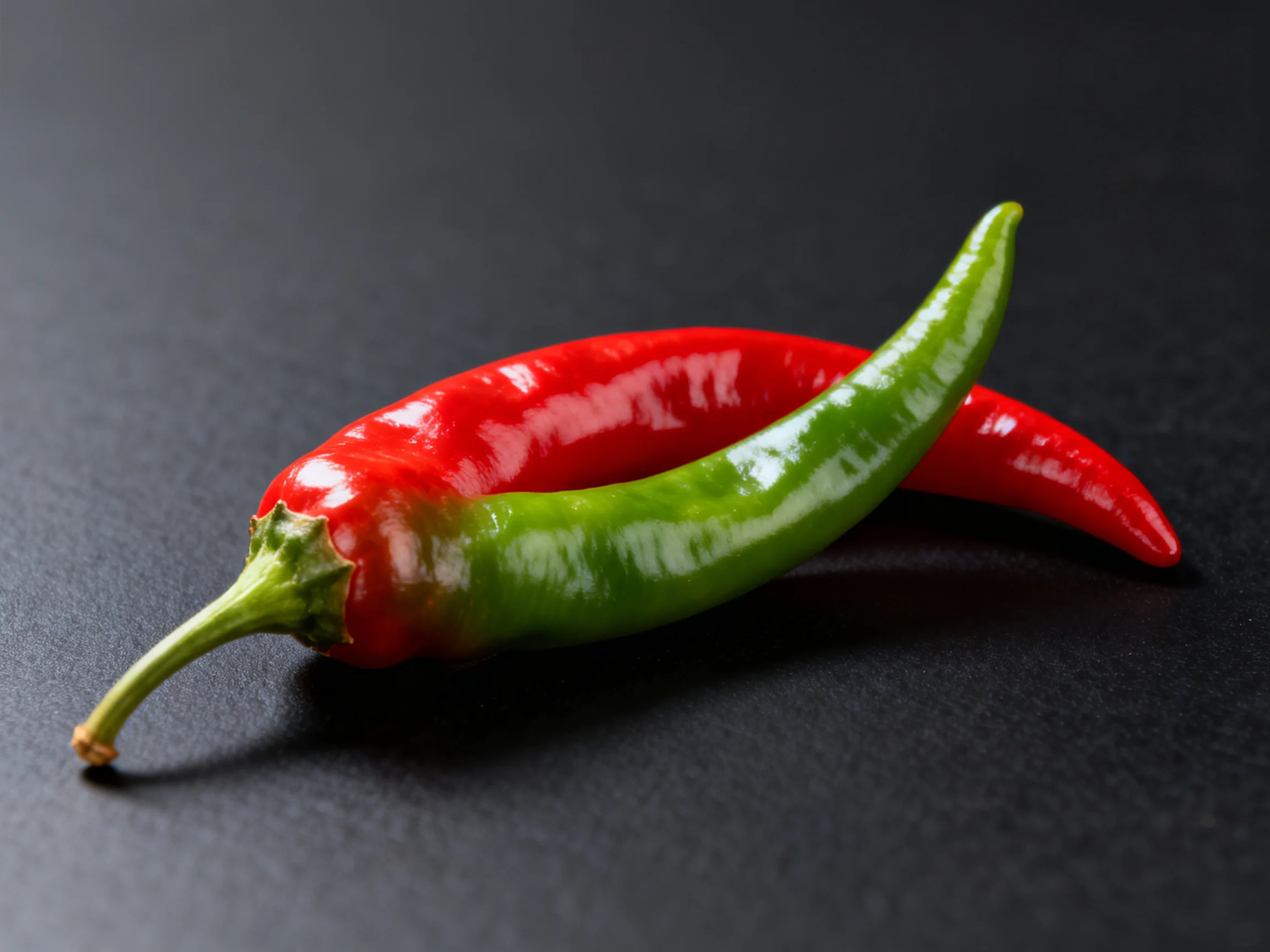 A red and green chili pepper pair on a dark textured surface