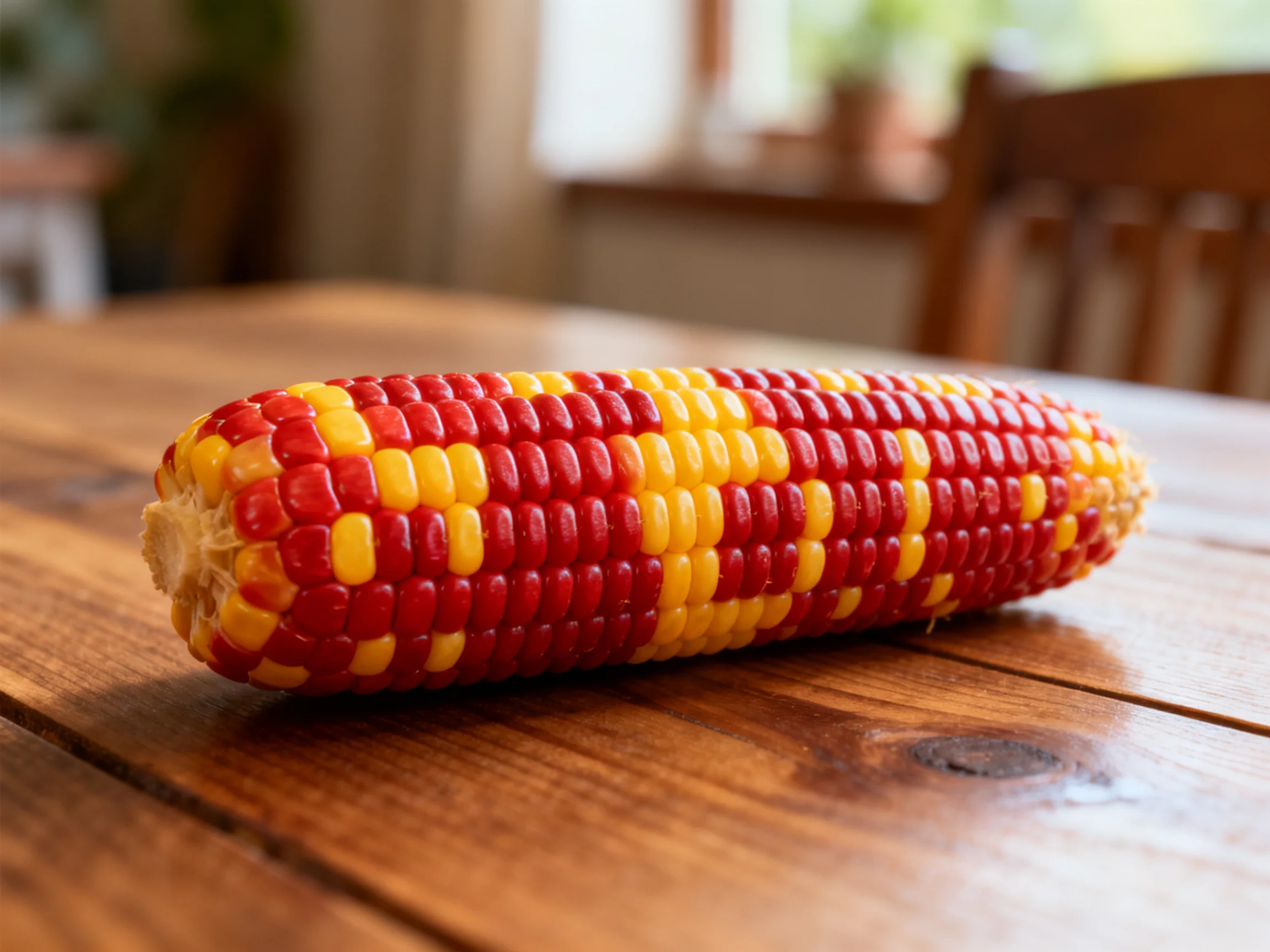 A red and yellow corn cob on a wooden table
