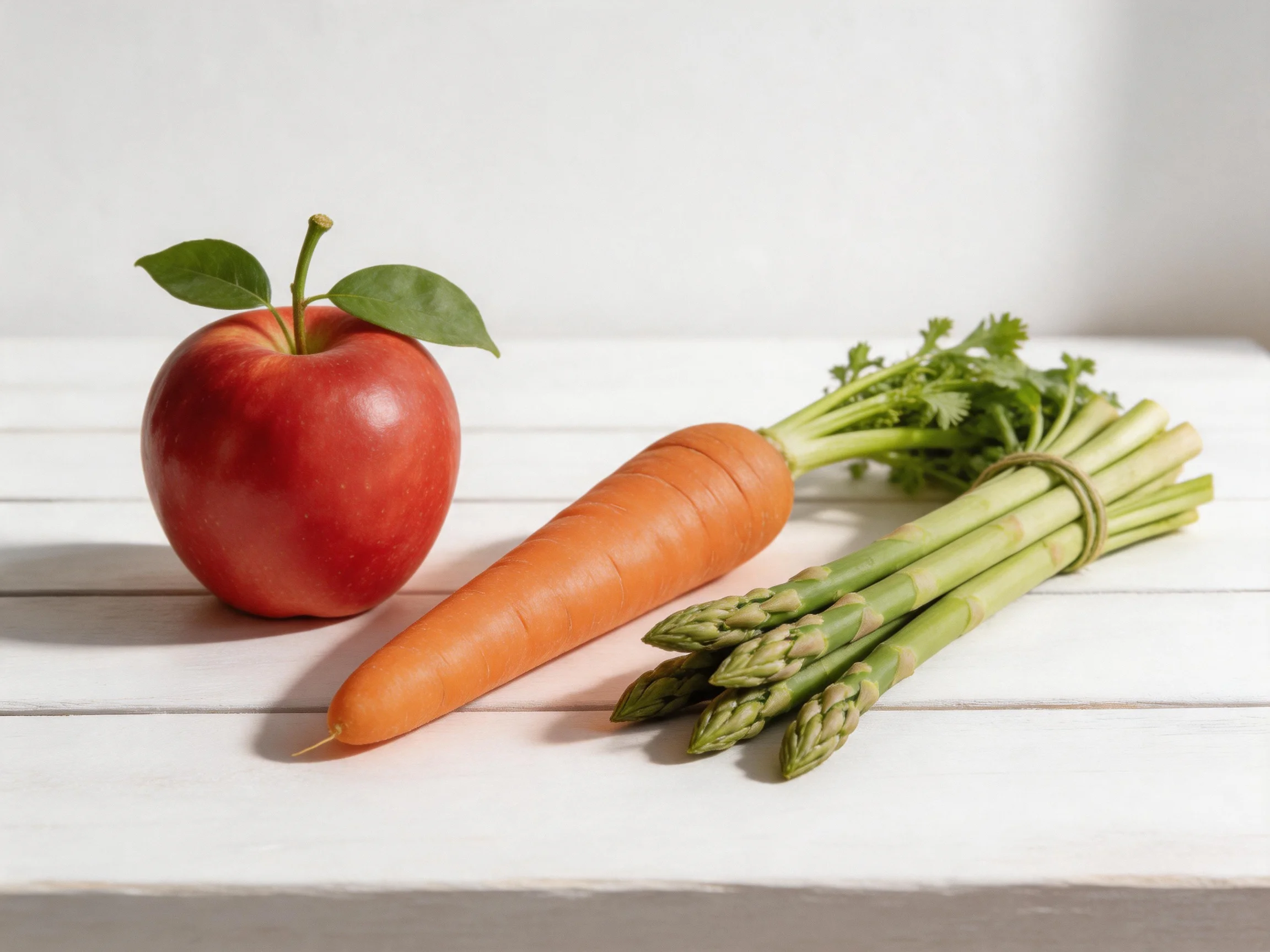 A red apple, orange carrot, and green asparagus on white wooden planks