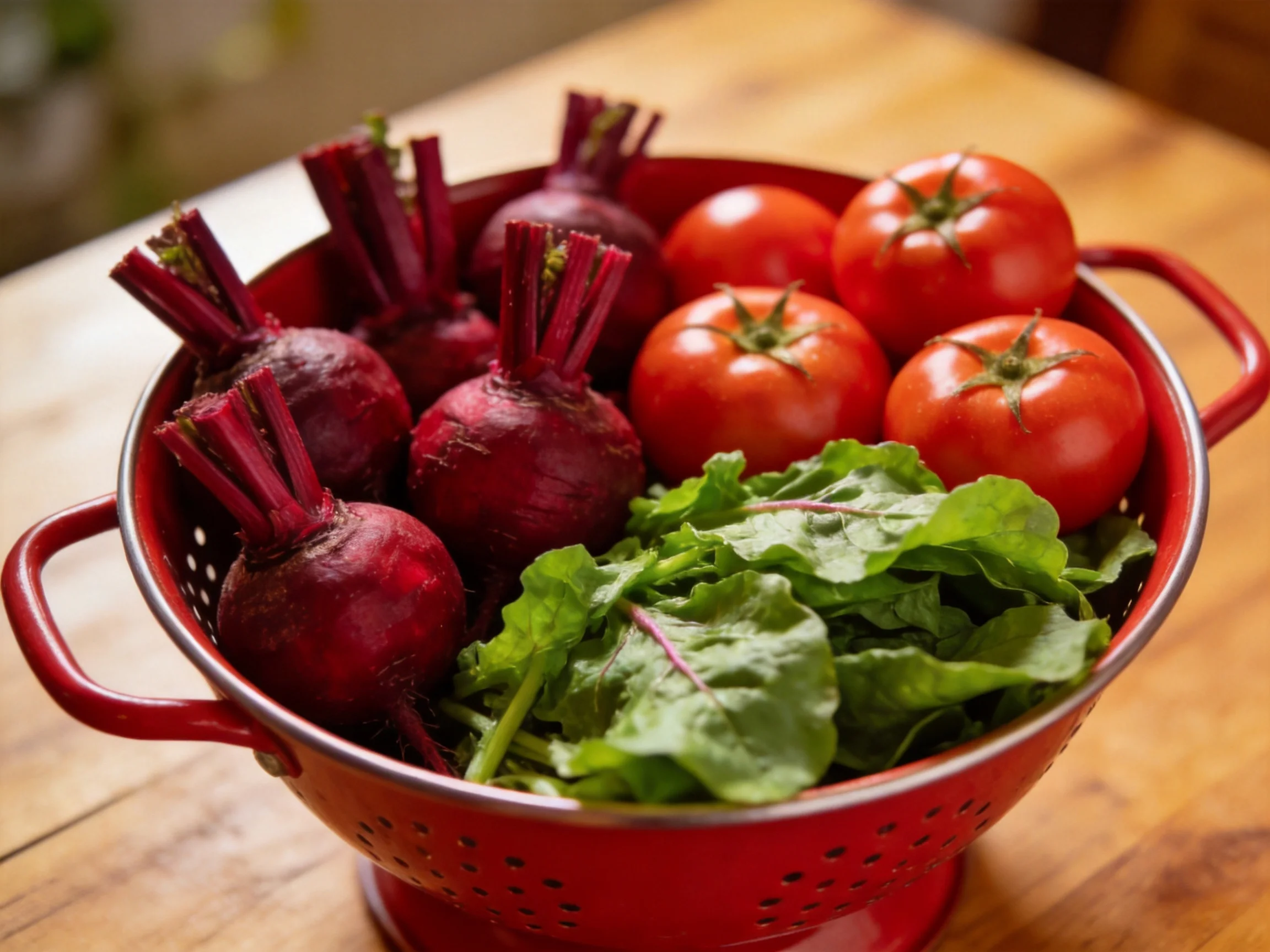 A red colander holds freshbeets, ripe tomatoes, and leafy greens