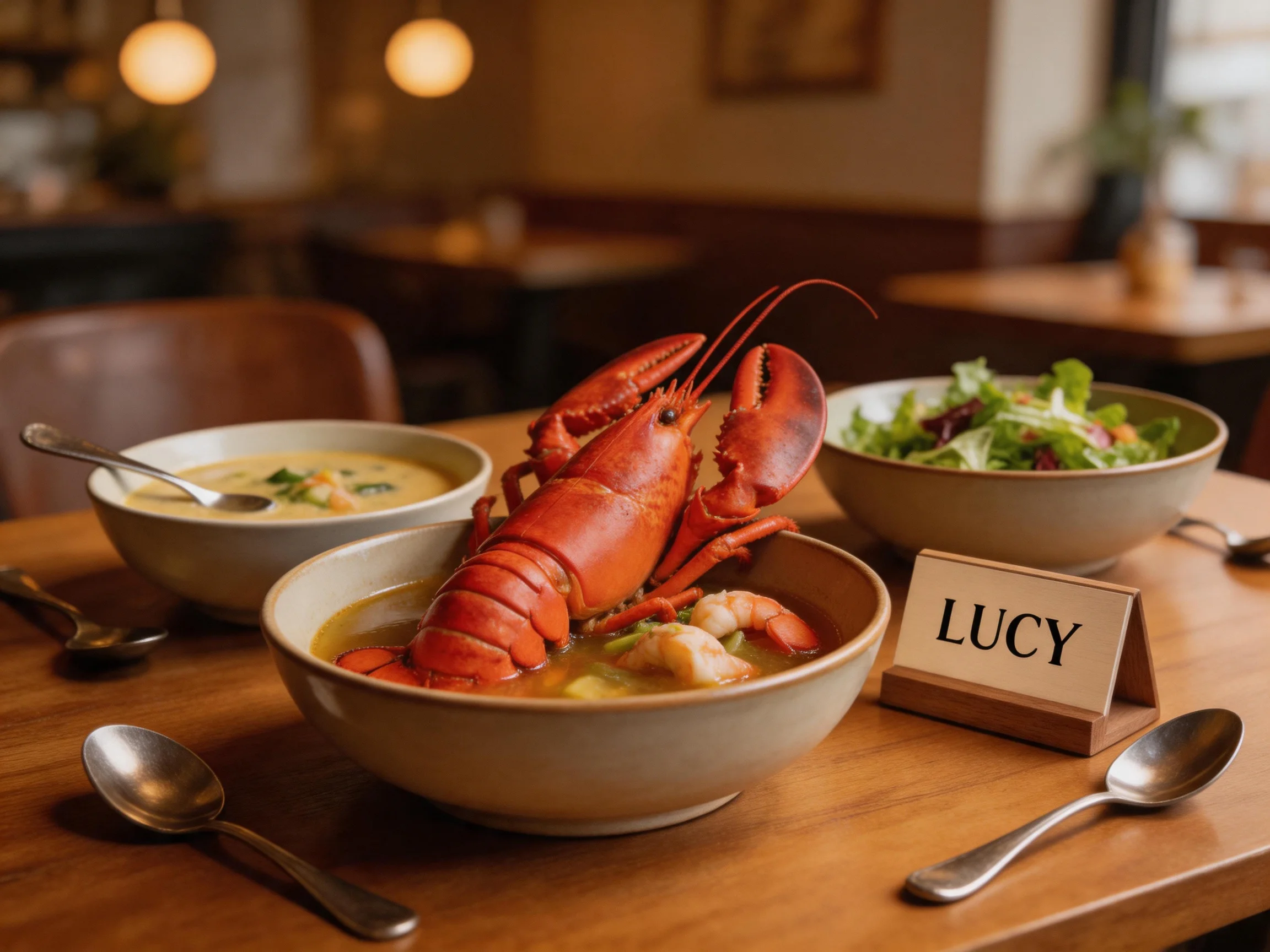 A restaurant table with a cooked lobster, soup bowls, salad, and a LUCY name card