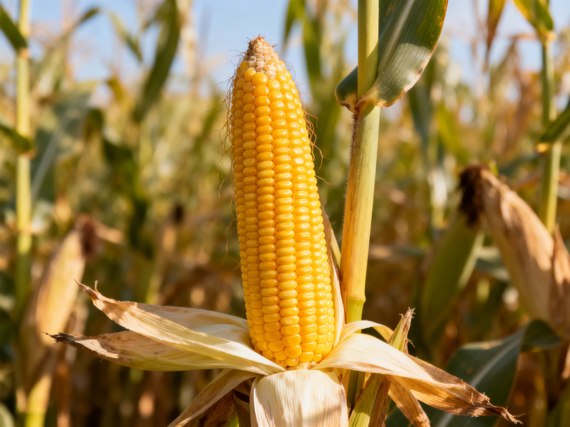 A ripe golden corn cob among green cornfield stalks