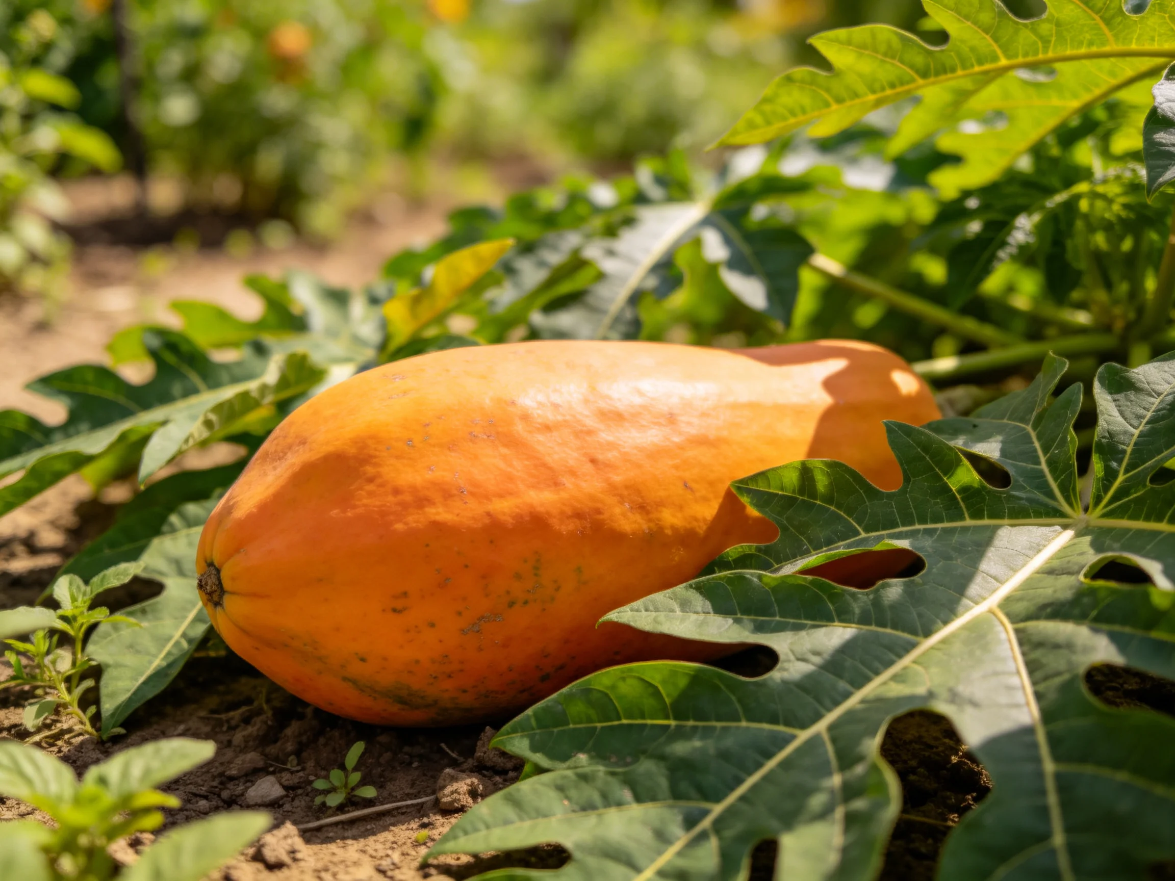 A ripe orange papaya rests among broad green leaves in a sun-drenched field