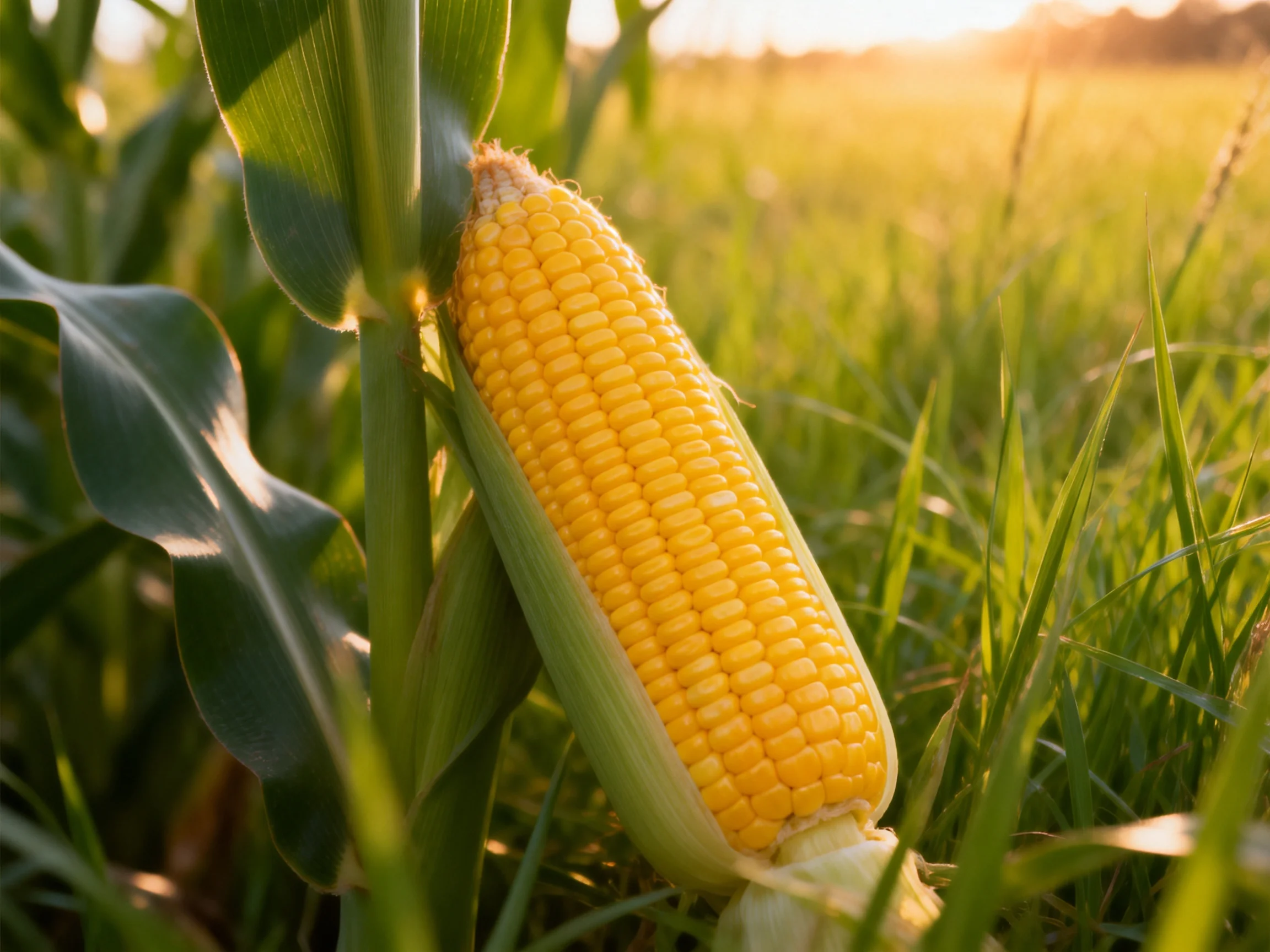 A ripe yellow corn cob growing among lush green plants in a sunlit field