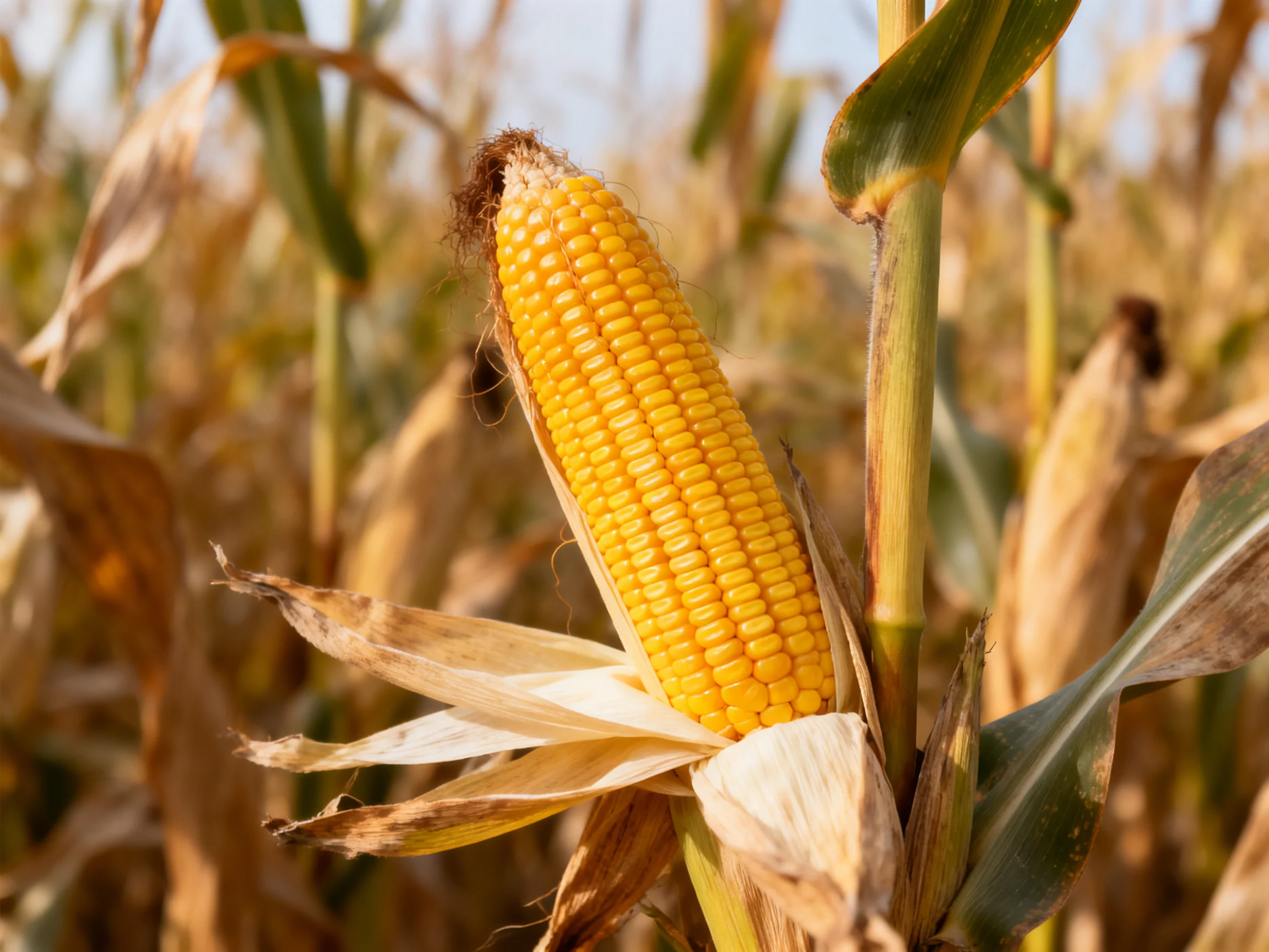 A ripe yellow corn cob in a sun-drenched cornfield