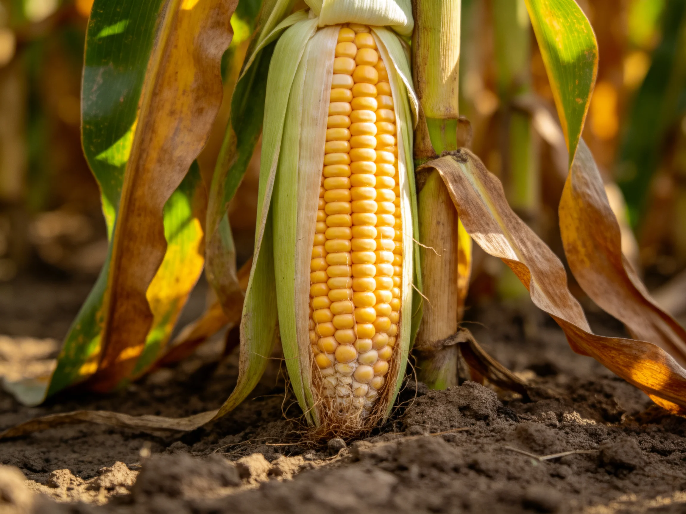 A ripe yellow corn cob surrounded by dried leaves and fertile soil in a sunlit field