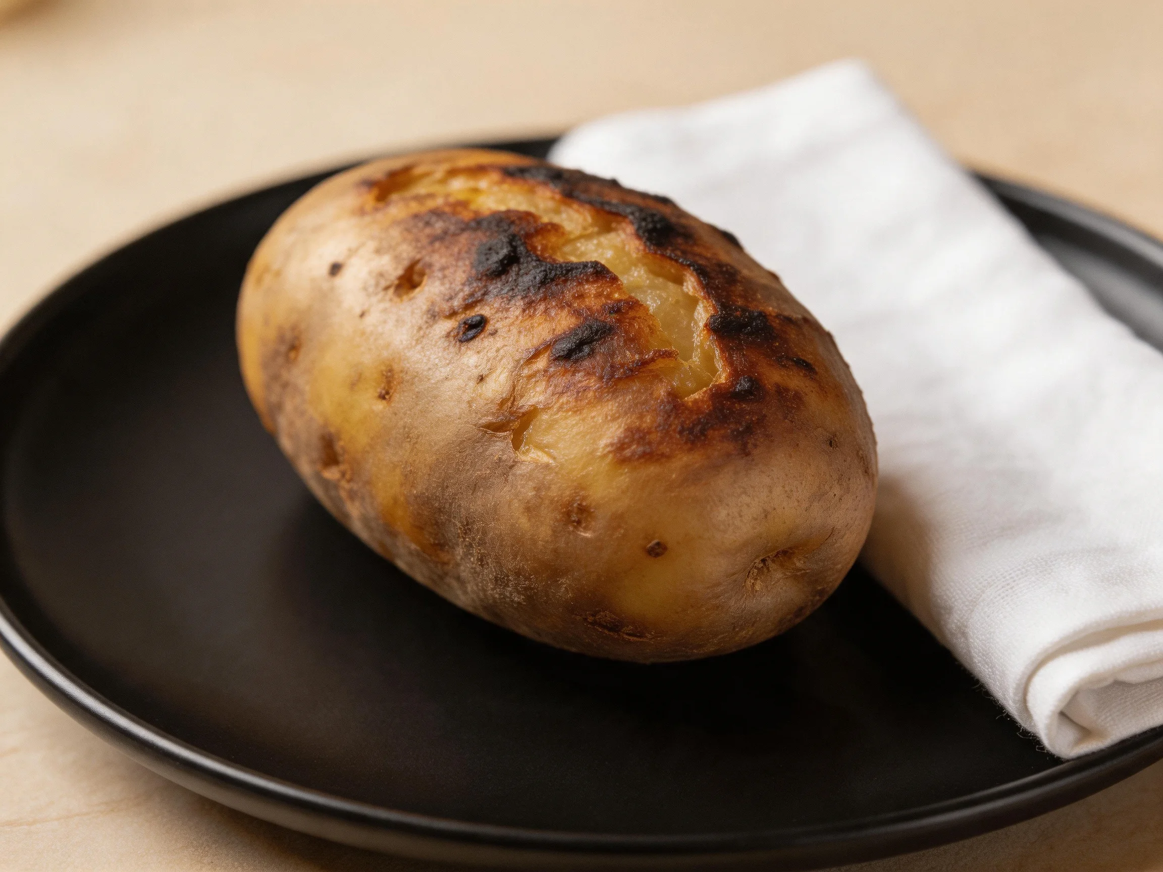 A roasted potato with charred skin on a black plate beside a white napkin