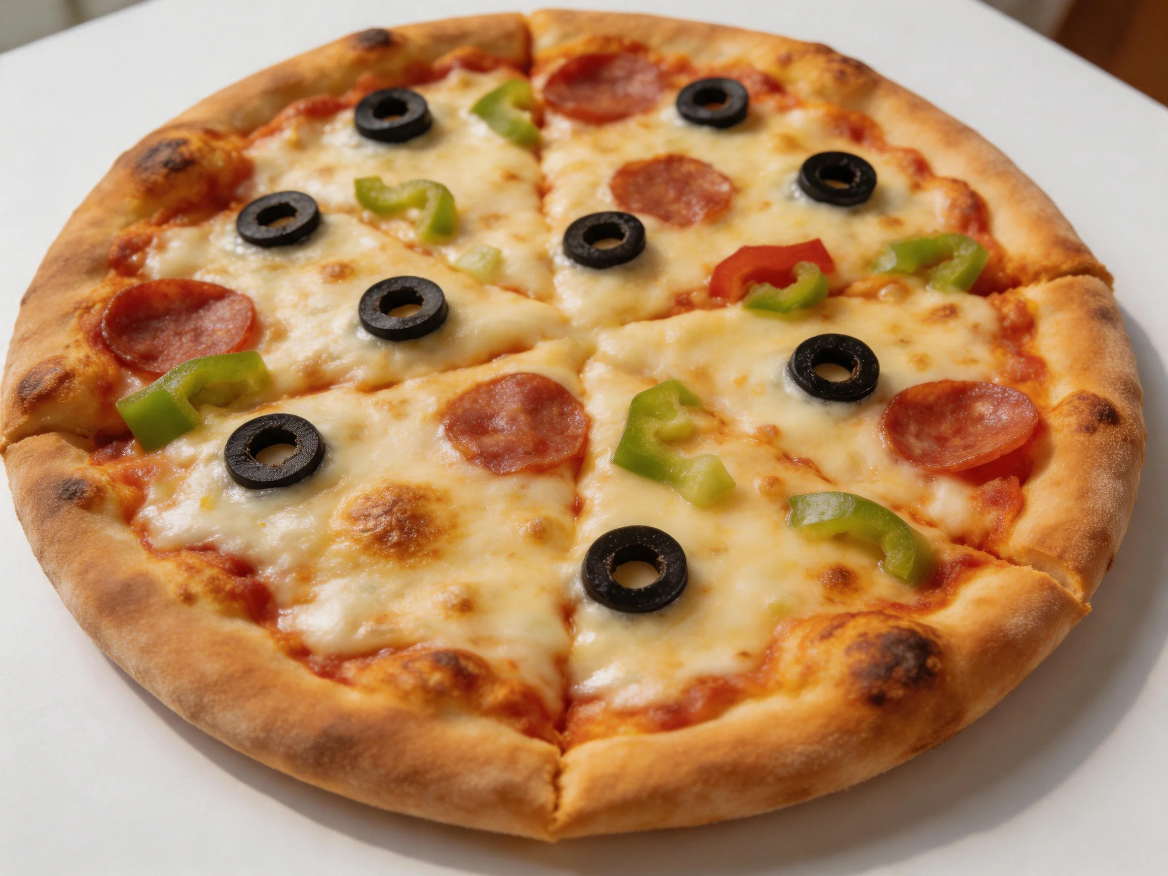 A round cheese pizza topped with pepperoni, black olives, and green bell peppers