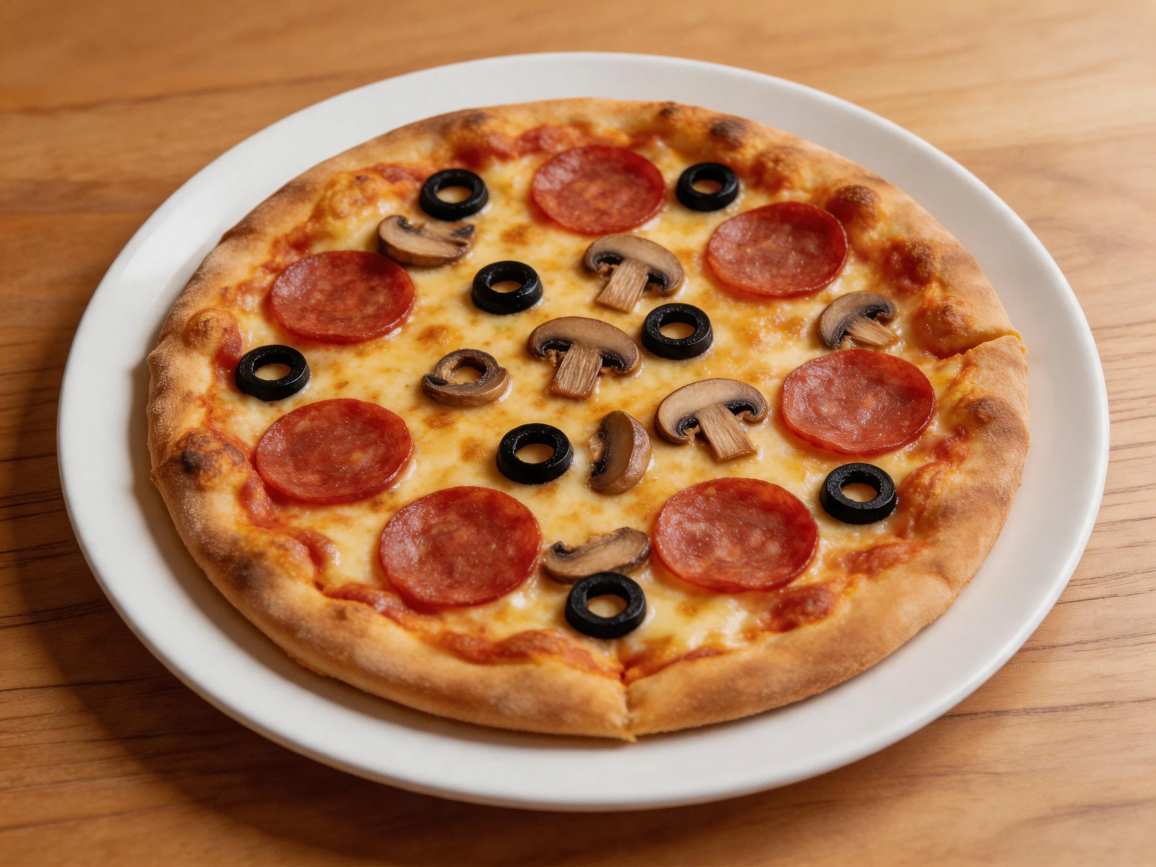 A round cheese pizza topped with pepperoni slices, black olive rings, and mushroom slices on a white 