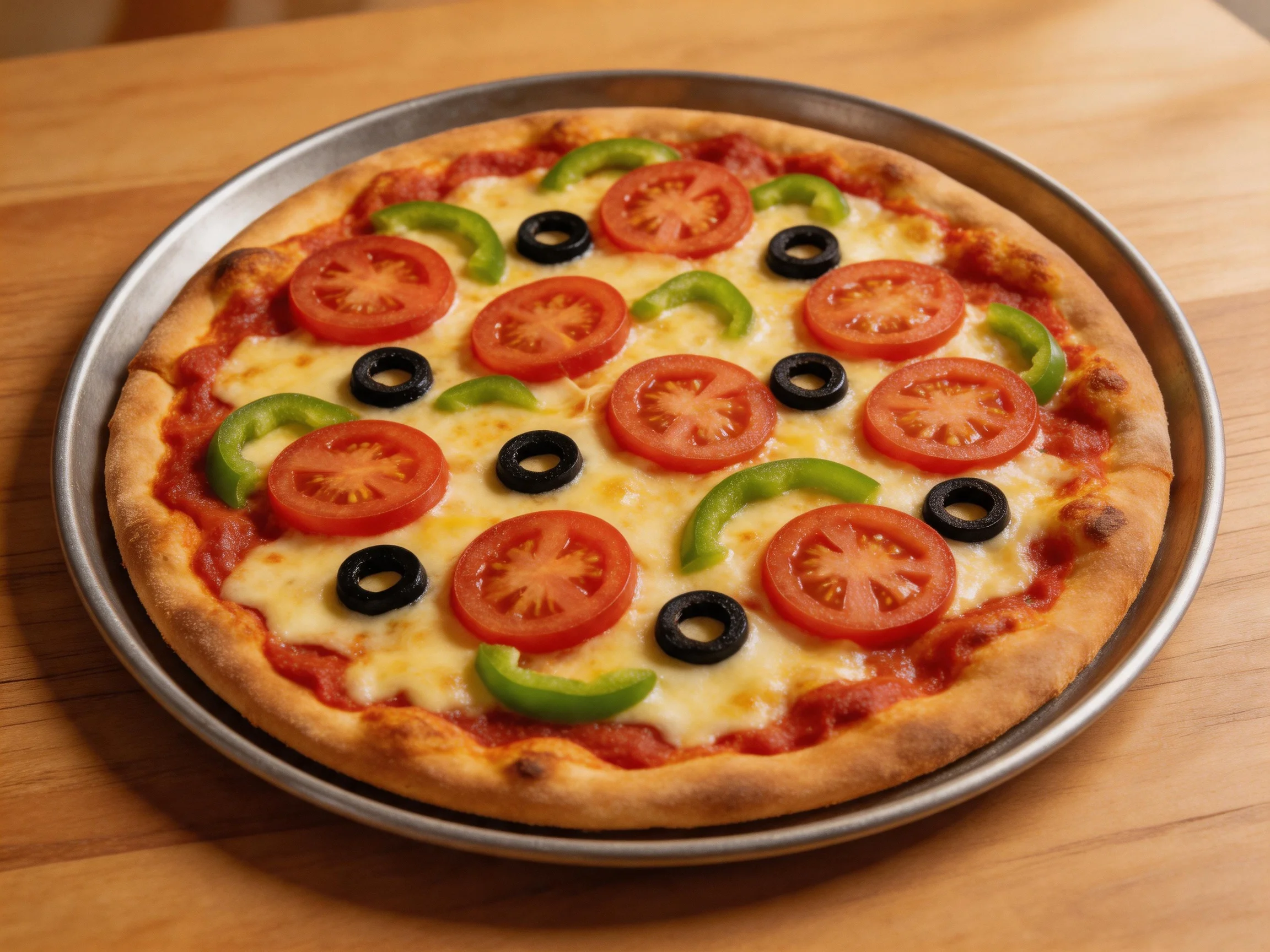 A round cheese pizza topped with tomato slices, green peppers, and black olives