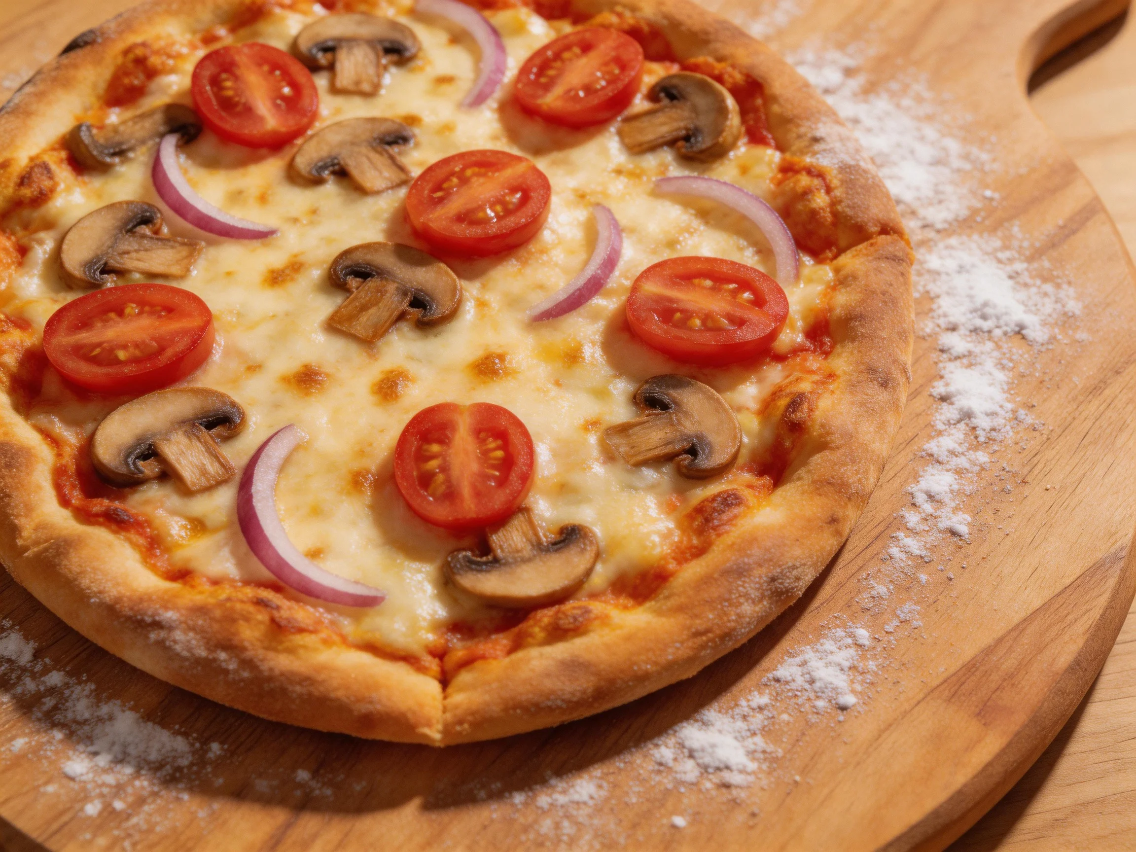 A round cheese-topped pizza with cherry tomatoes, mushrooms, and red onion slices