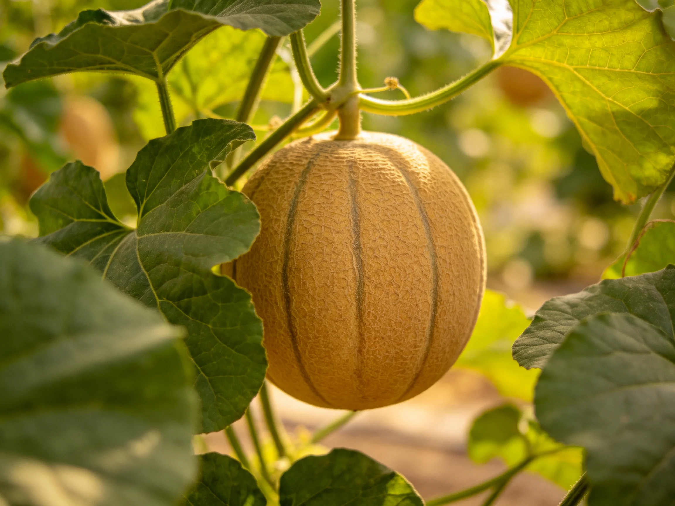 A round golden-hued melon hangs among lush green foliage in a sunlit garden