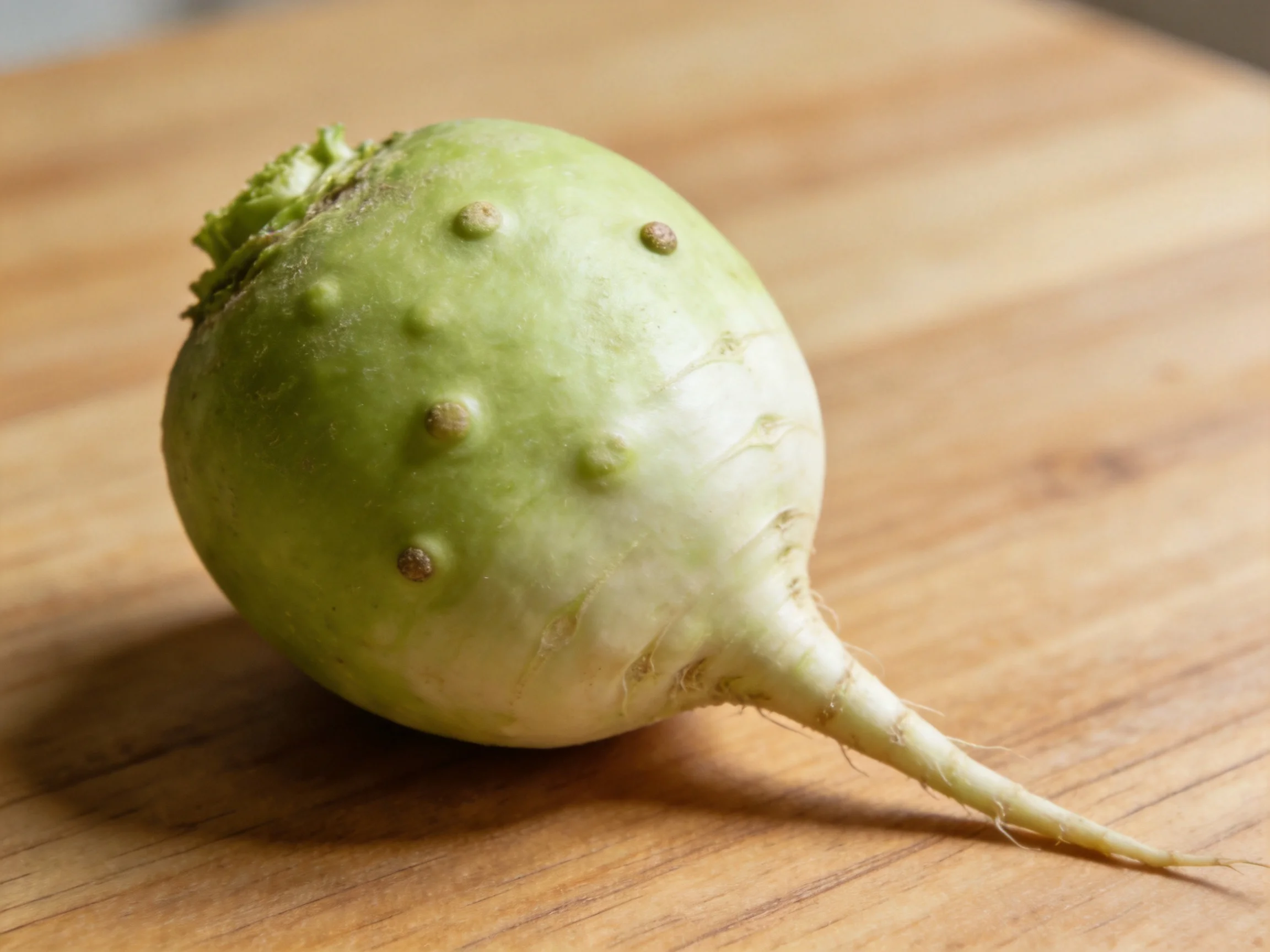 A round green and white root vegetable lies on a wooden cutting board