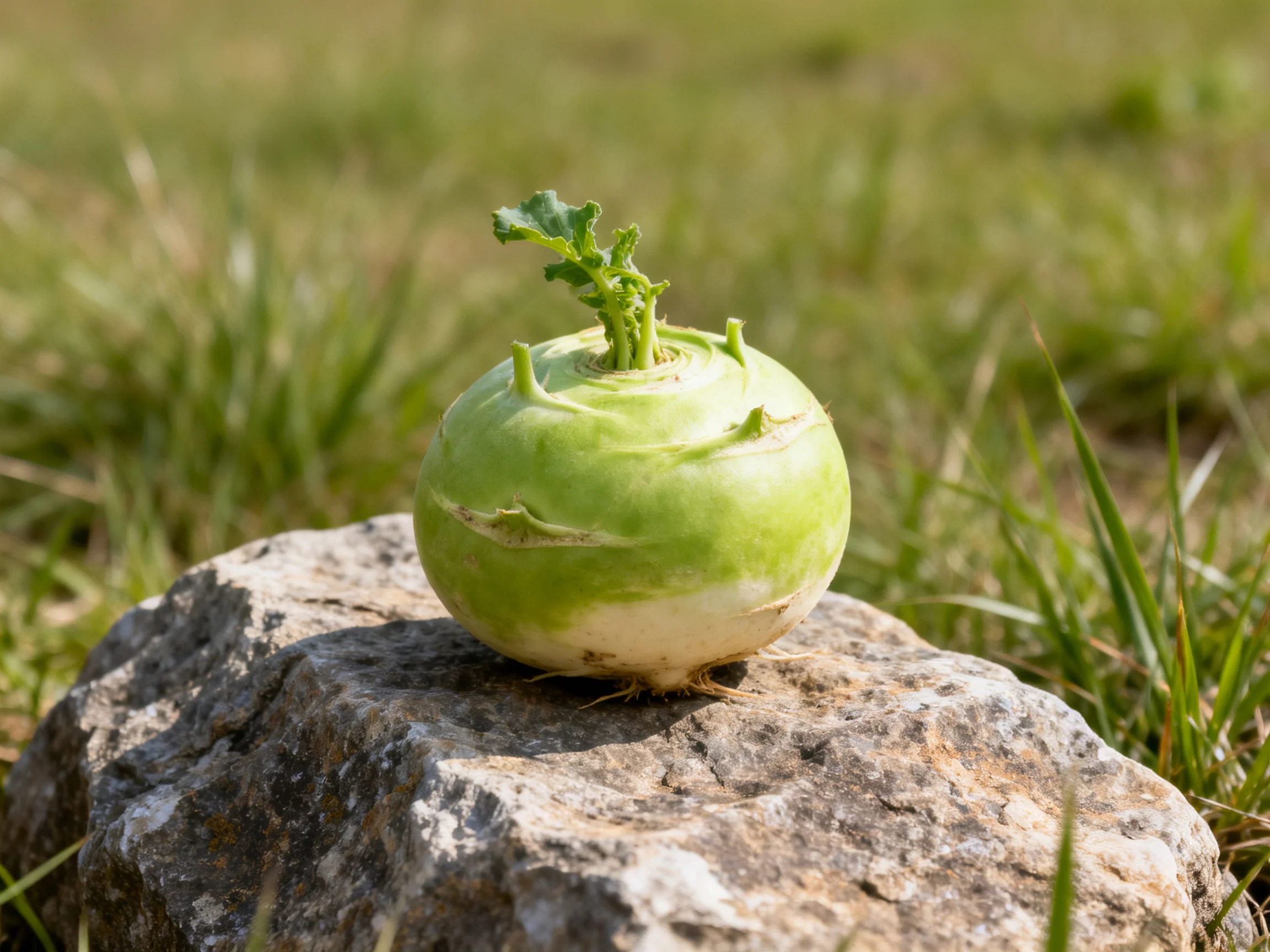 A round green and white vegetable rests on a rough gray rock in a grassy field