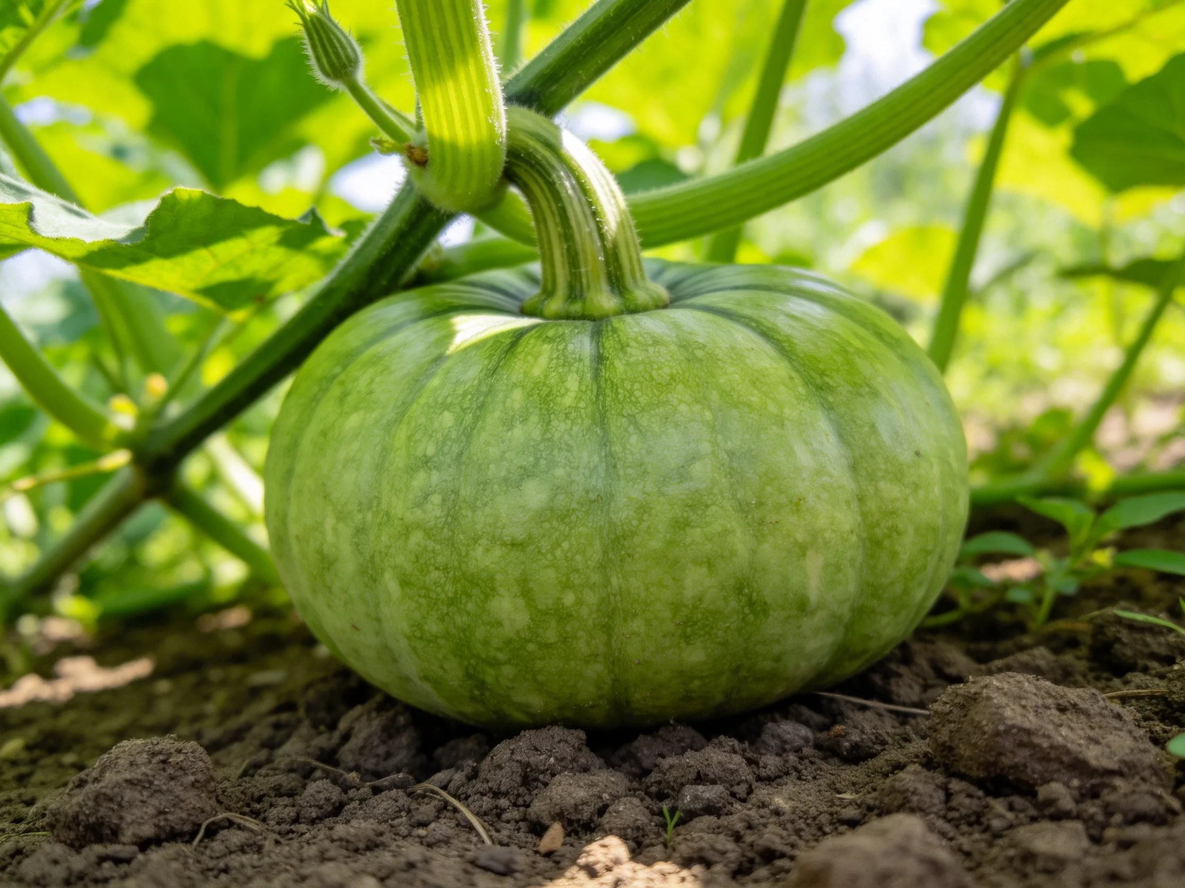 A round green pumpkin grows amid leafy vines and dark soil