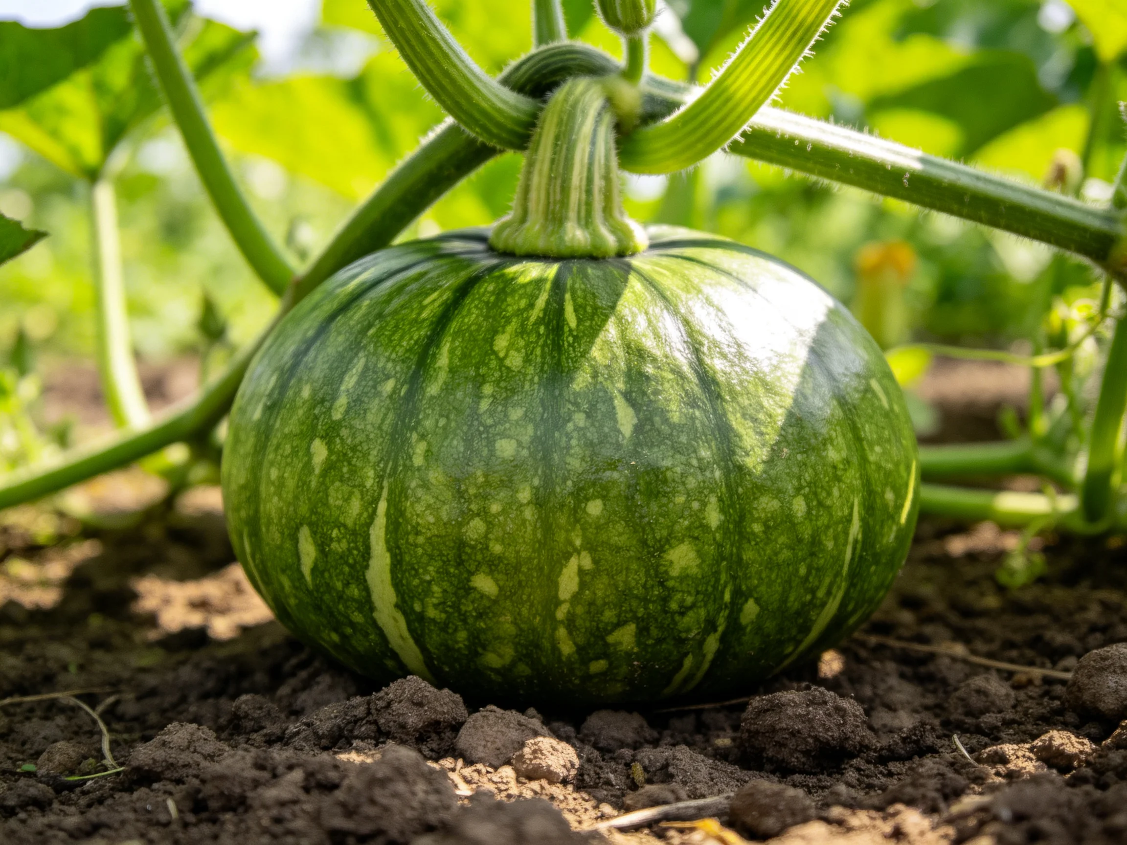 A round green squash with striped patterns grows near lush vines