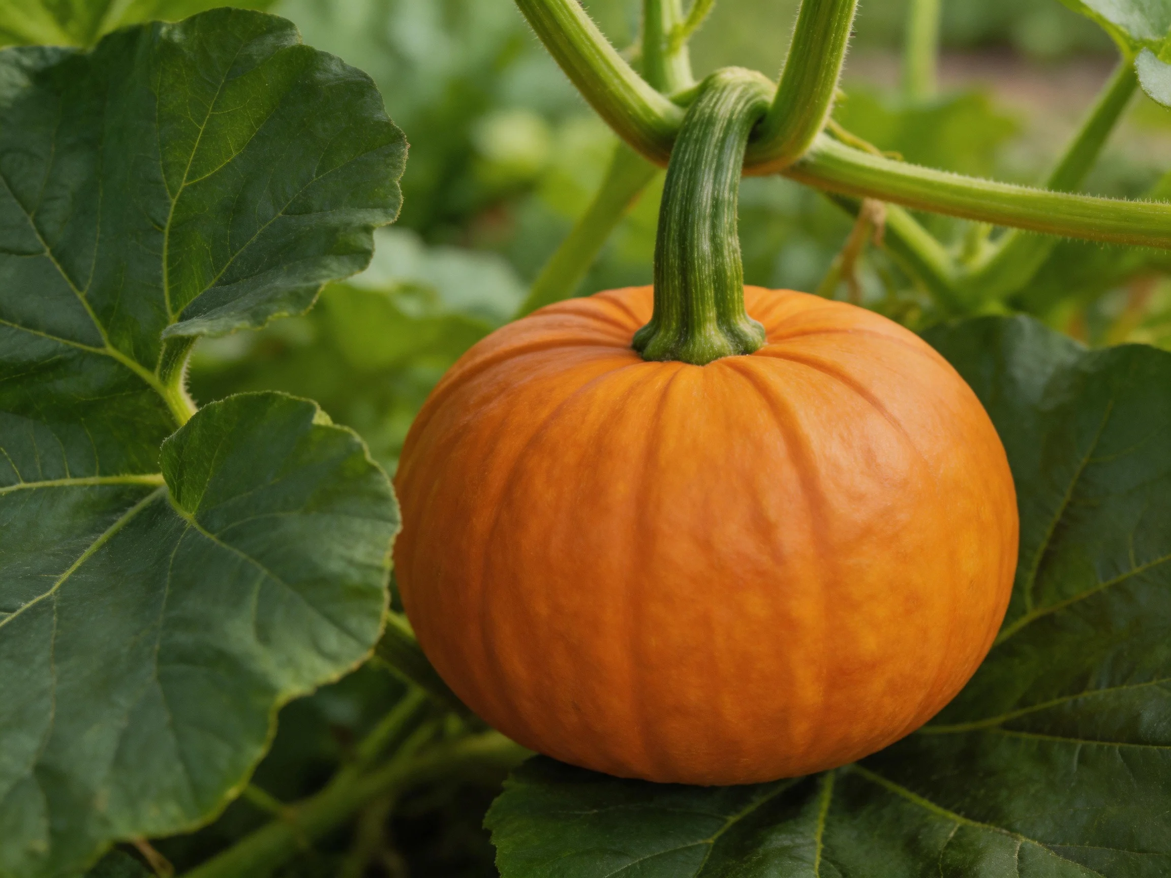 A round orange pumpkin nestled among lush green vine leaves