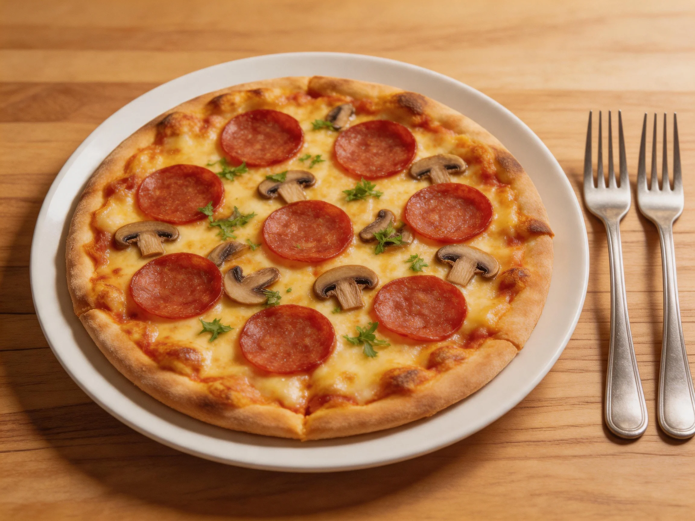 A round pepperoni and mushroom pizza on a white plate with two silver forks