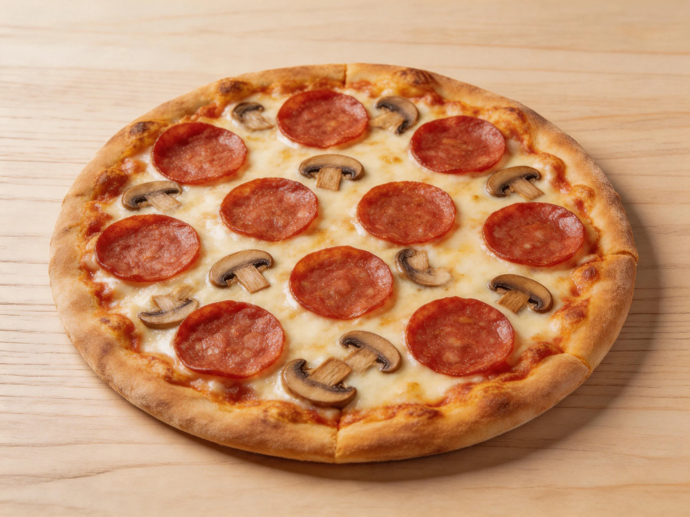 A round pepperoni and mushroom pizza with golden-brown crust