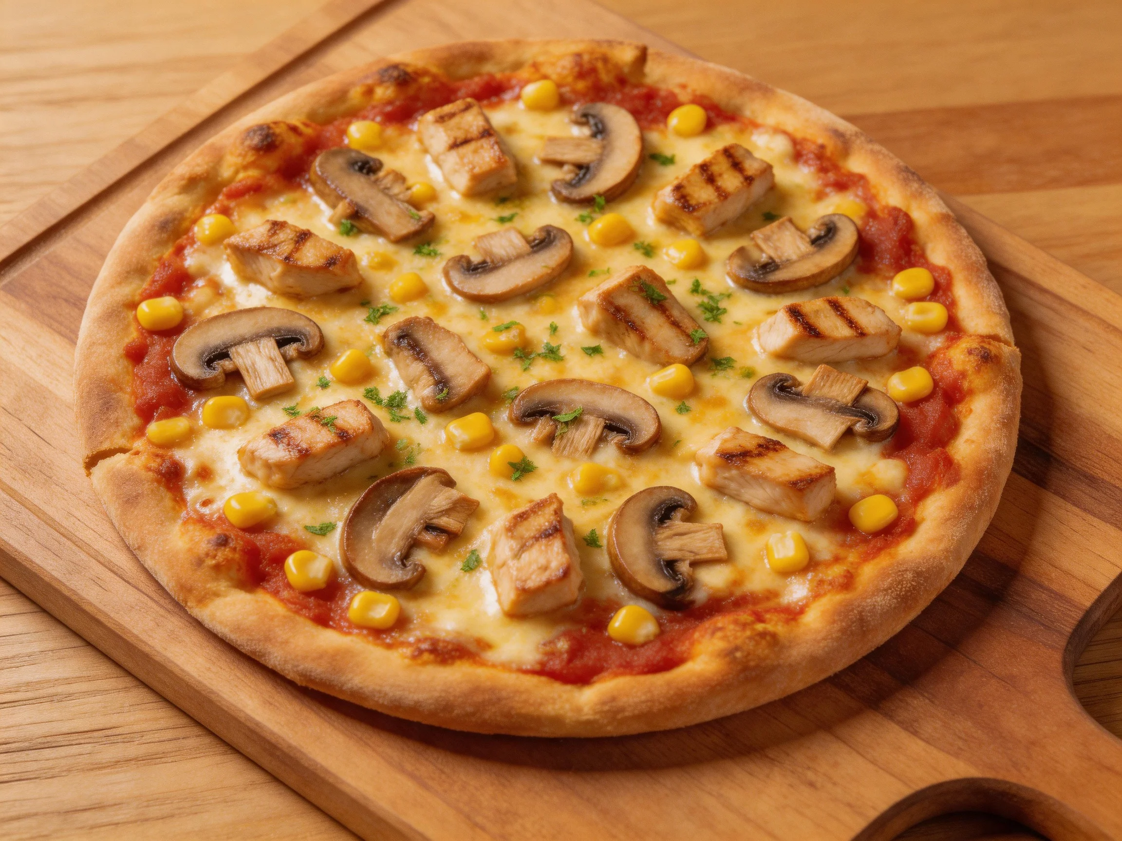 A round pizza topped with grilled chicken, mushrooms, corn, and cheese