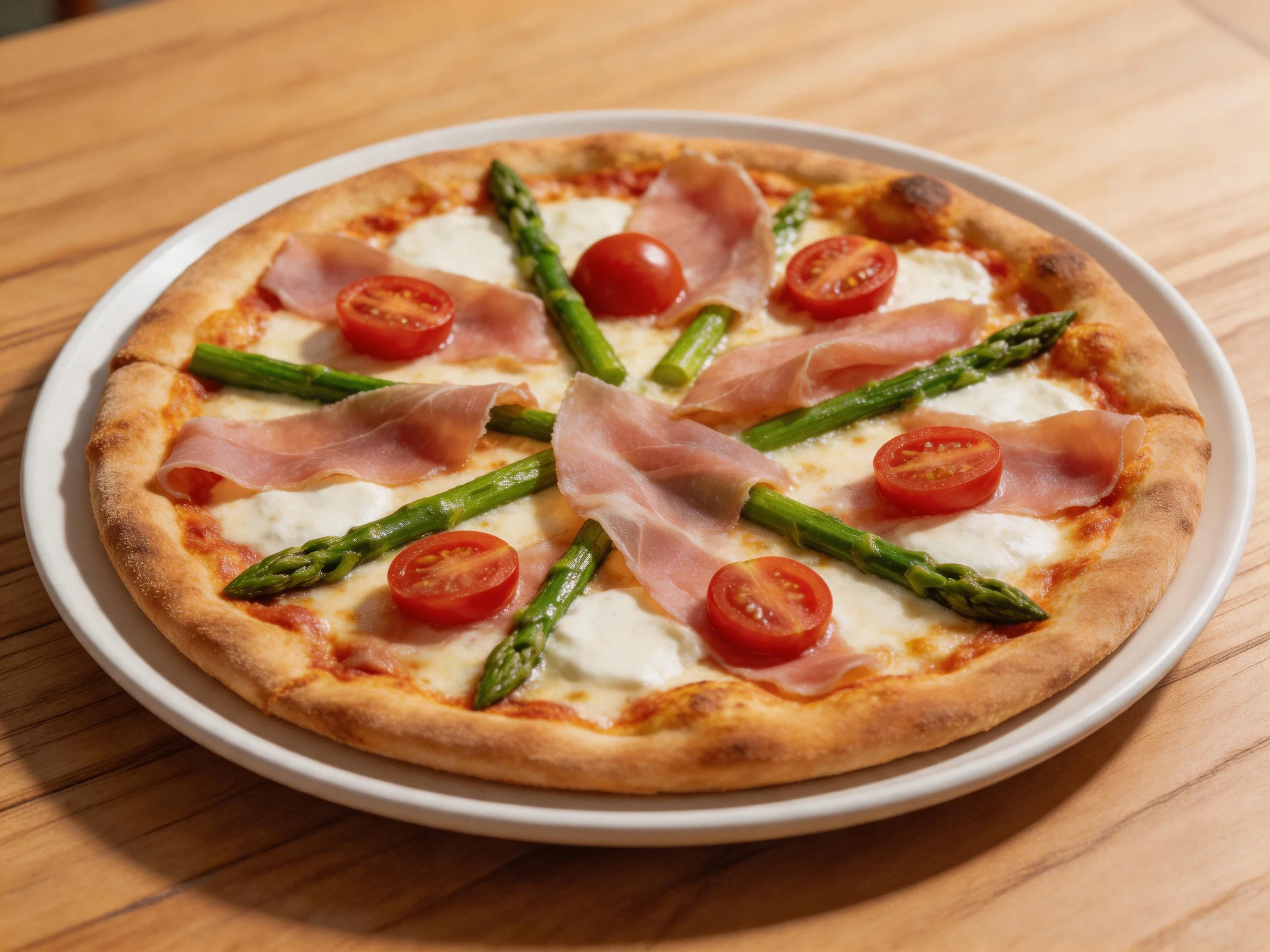 A round pizza topped with prosciutto, cherry tomatoes, asparagus, and mozzarella on a white plate