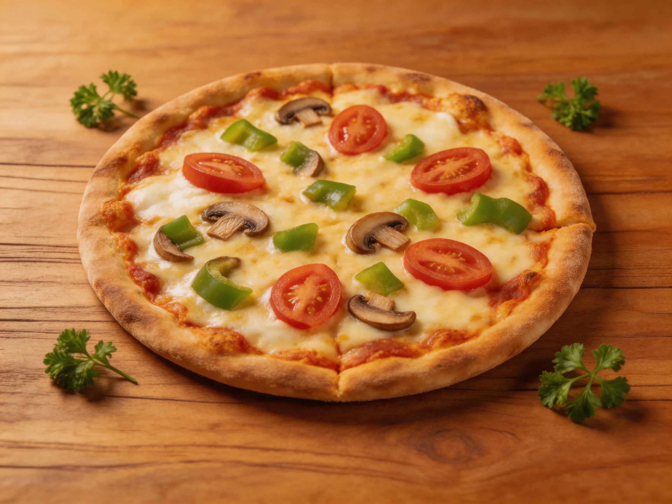 A round veggie pizza with tomato, mushroom, and bell pepper toppings on wood