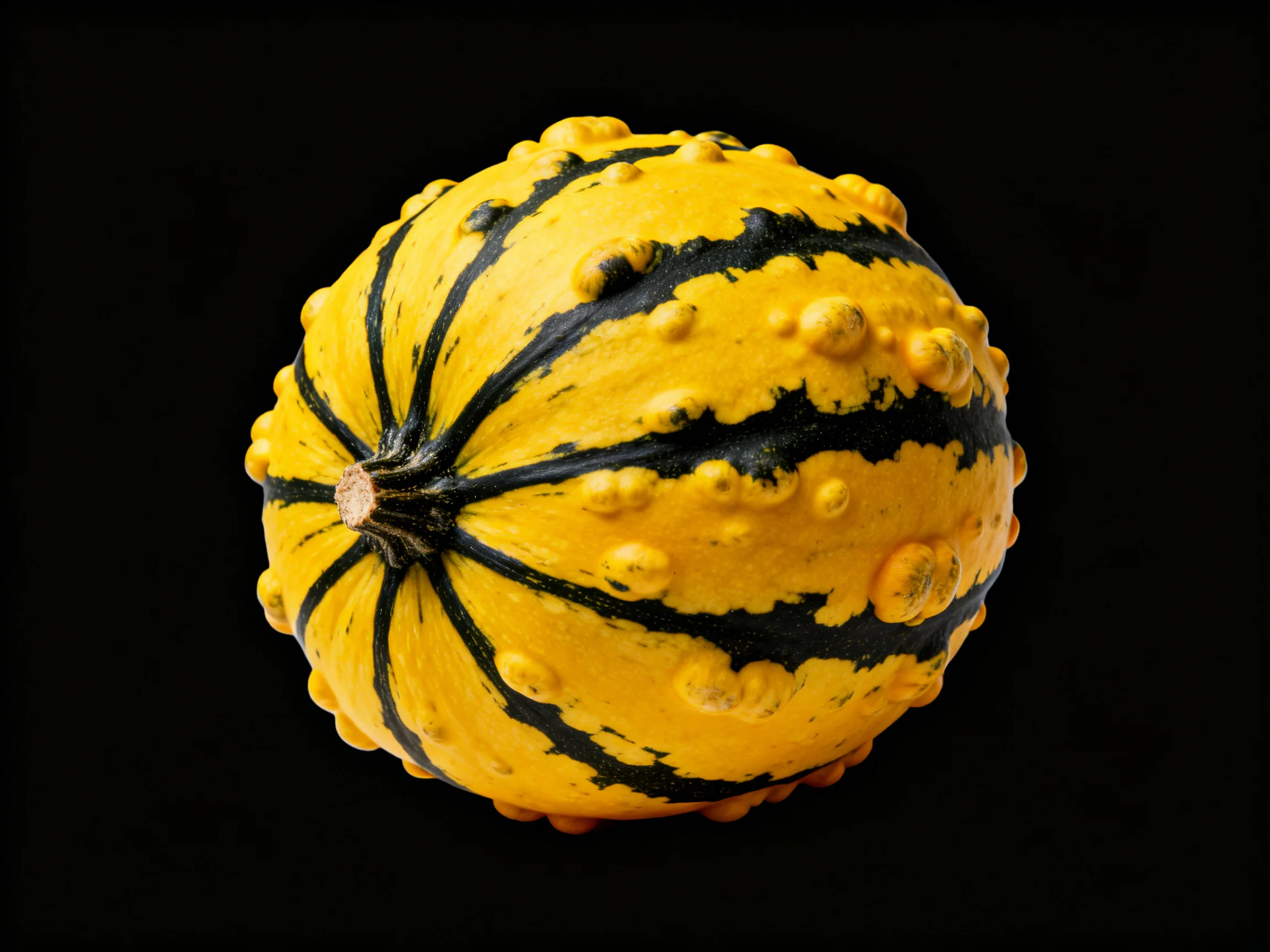 A round yellow and black striped gourd with raised bumps