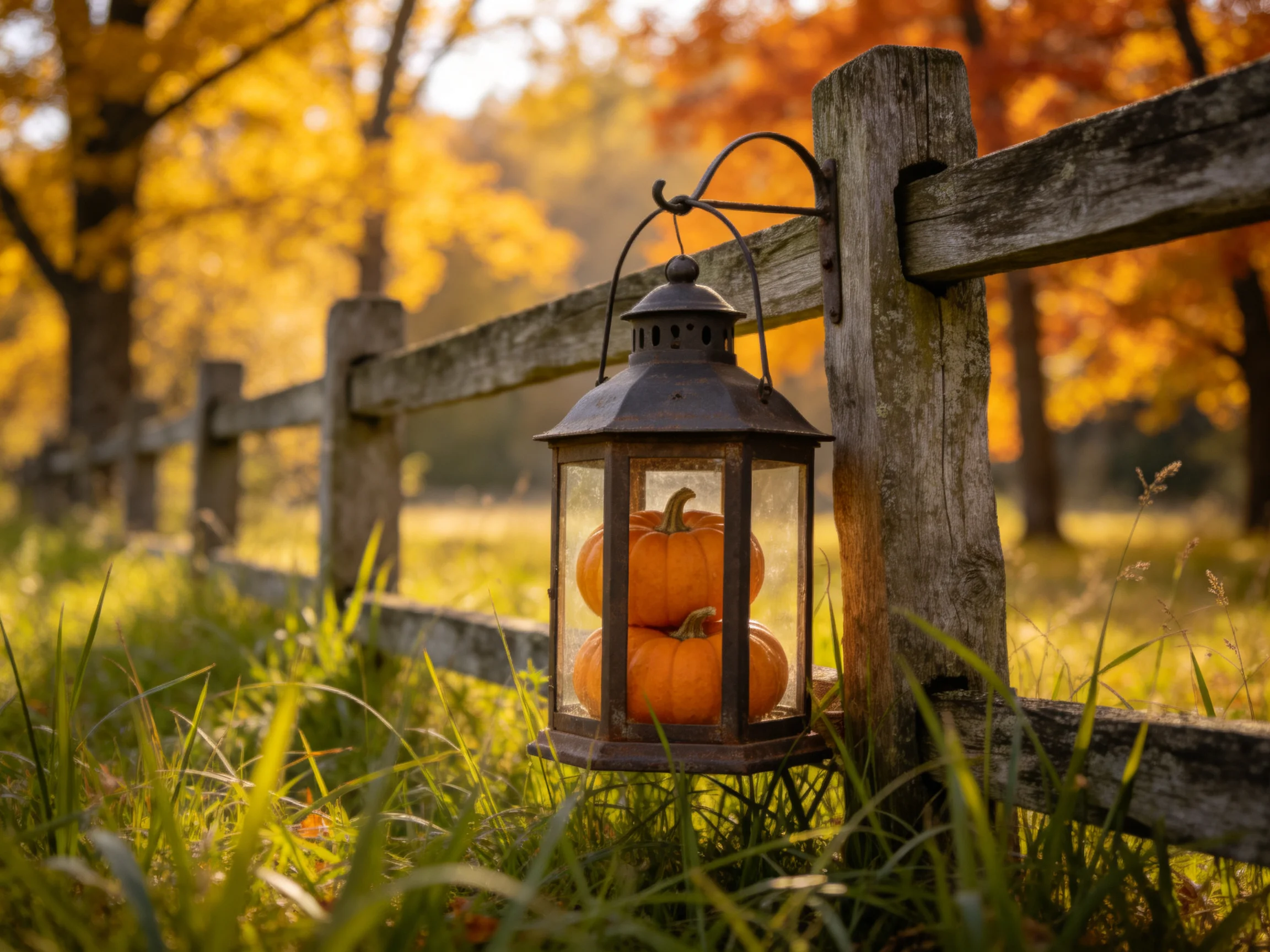 A rustic lantern holds two orange pumpkins near an aged wooden fence with golden fall foliage