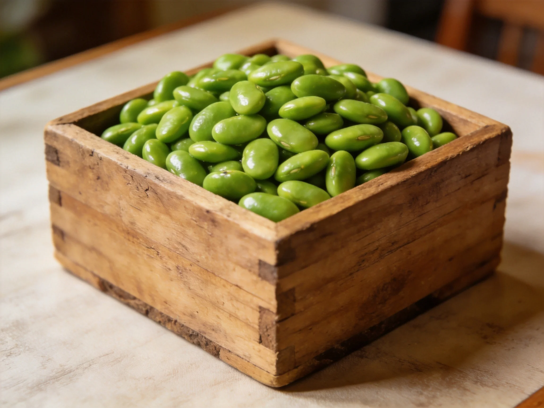 A rustic wooden box filled with plump green edamame beans