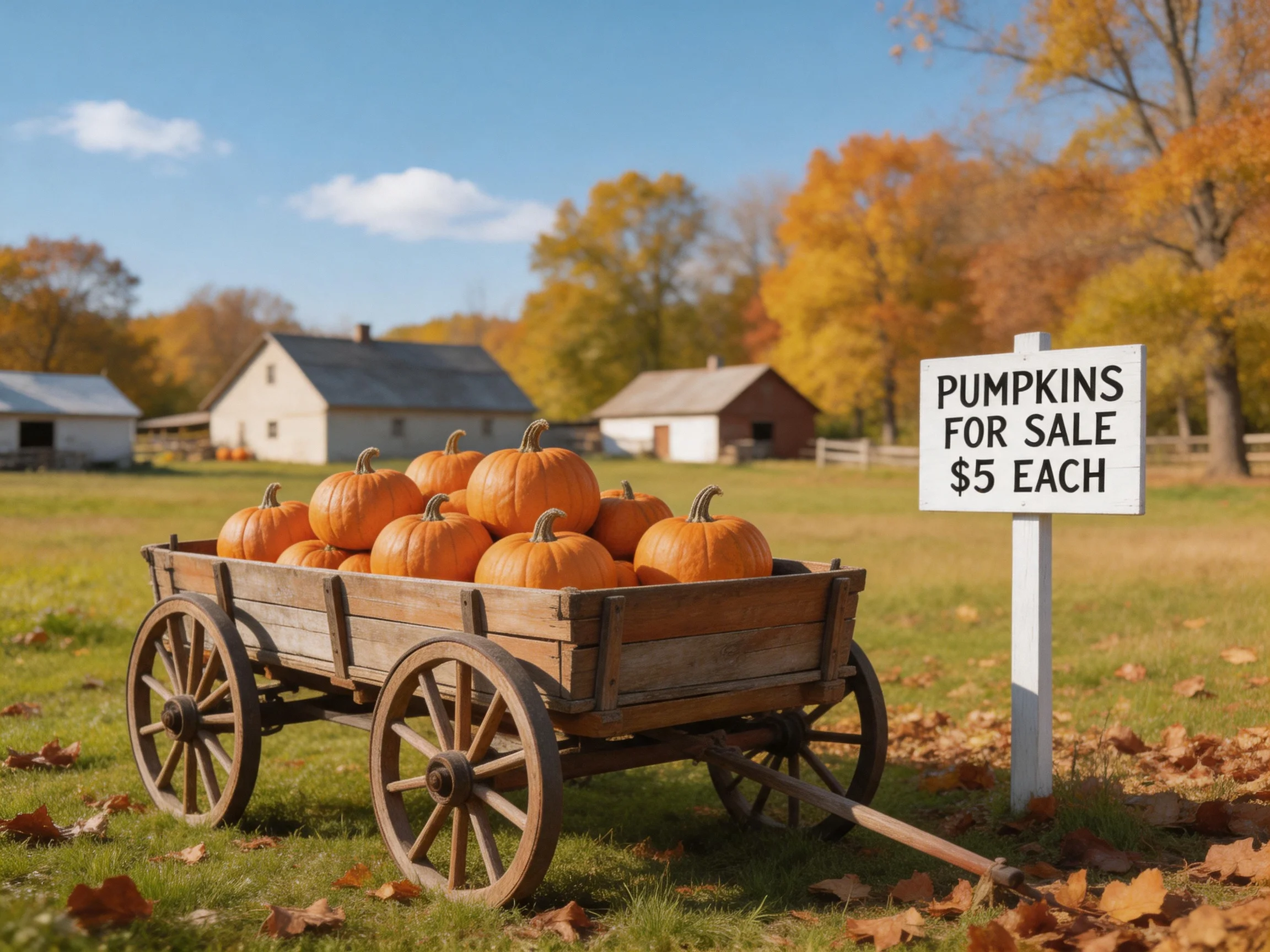 A rustic wooden cart loaded with orange pumpkins beside a farm sale sign