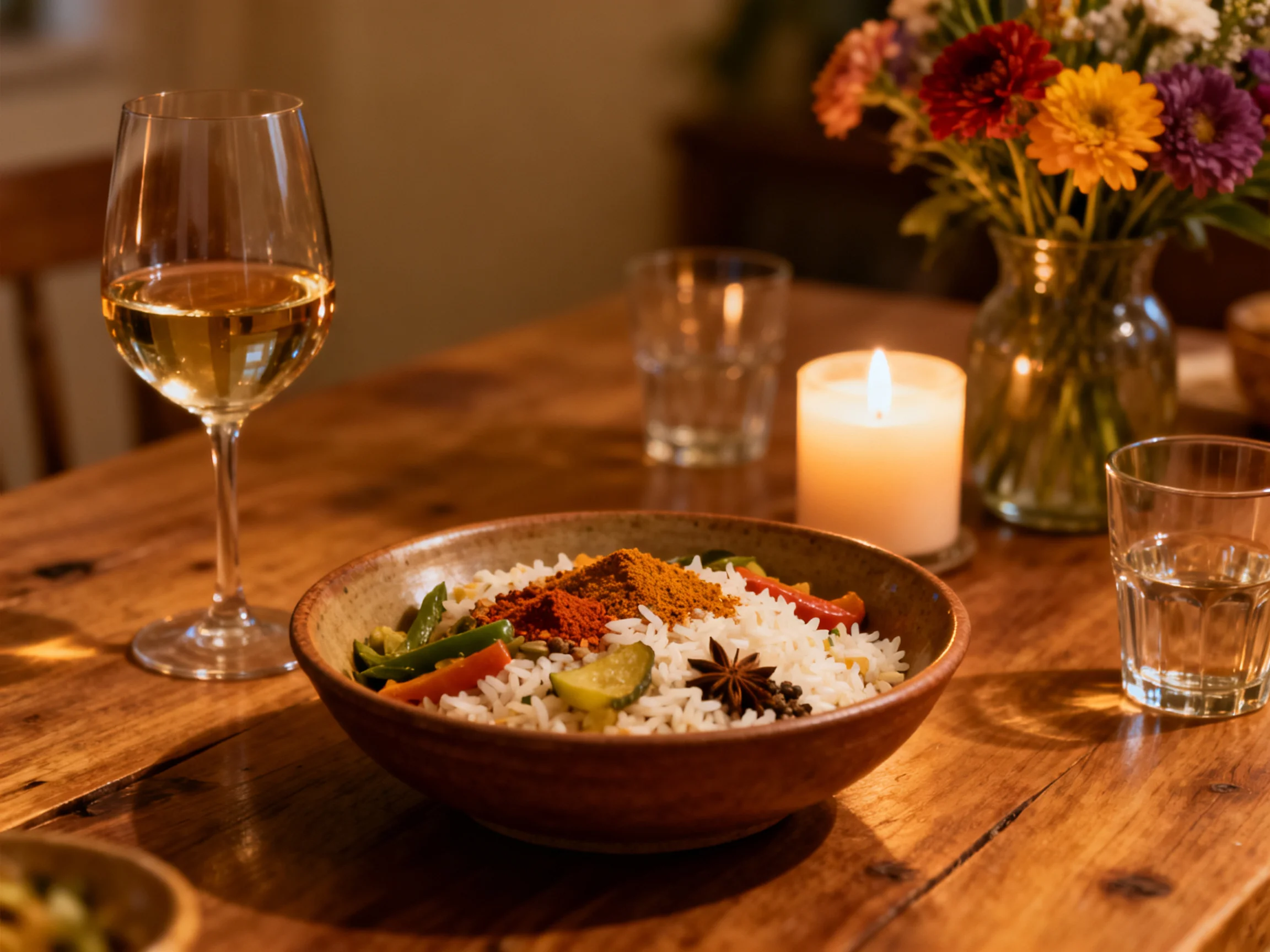 A rustic wooden table displays a bowl of spiced rice, wine, candles, and colorful flowers