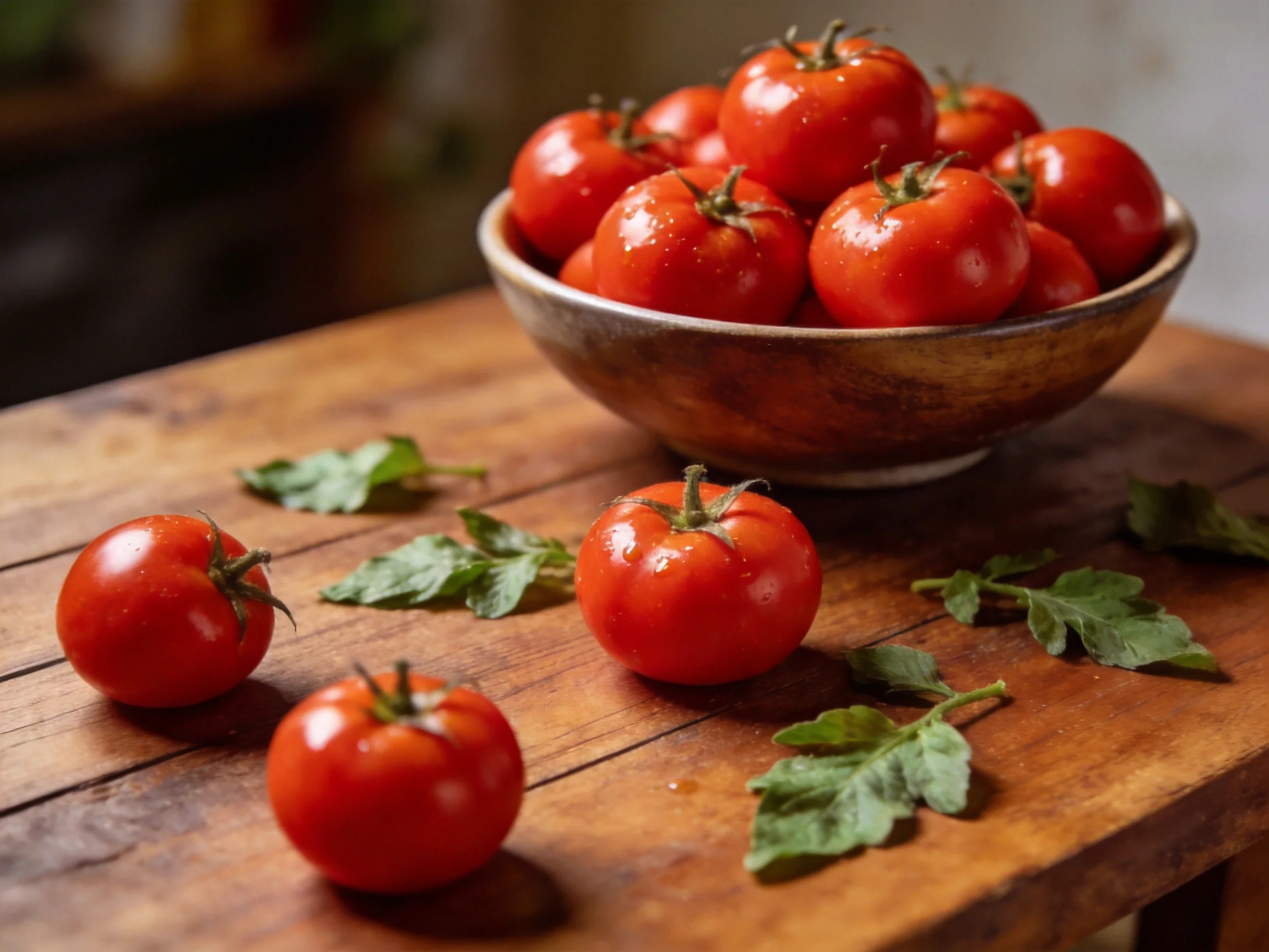 A rustic wooden table holds a bowl of vibrant red tomatoes with scattered fruits and leaves