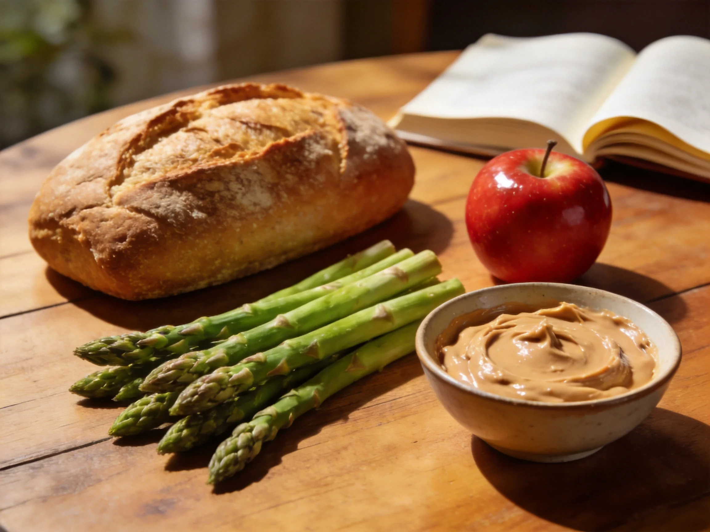 A rustic wooden table holds a loaf of bread, fresh asparagus, a red apple, and a bowl of peanut butte