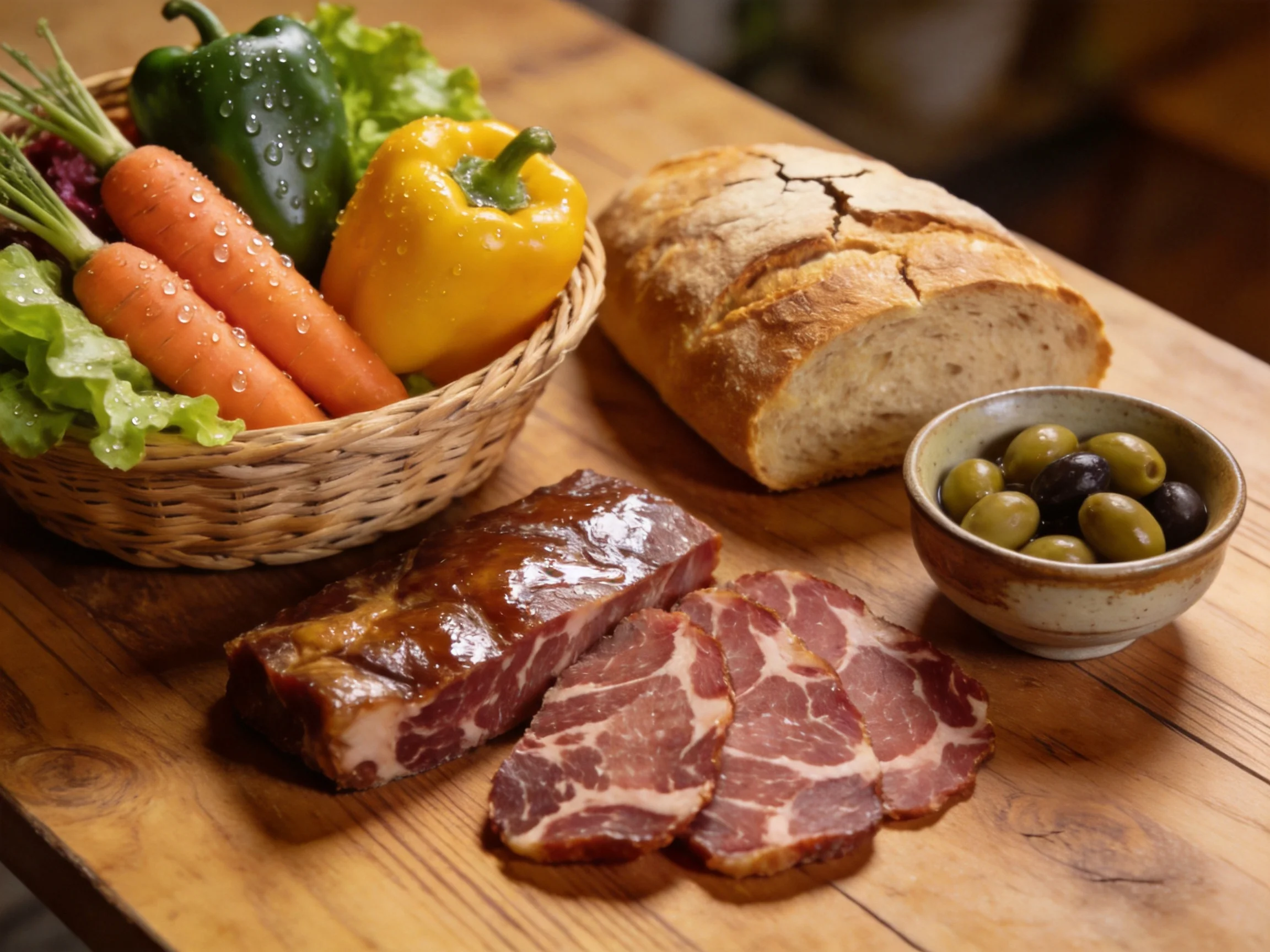 A rustic wooden table presents fresh veggies, crusty bread, sliced cured meat, and mixed olives