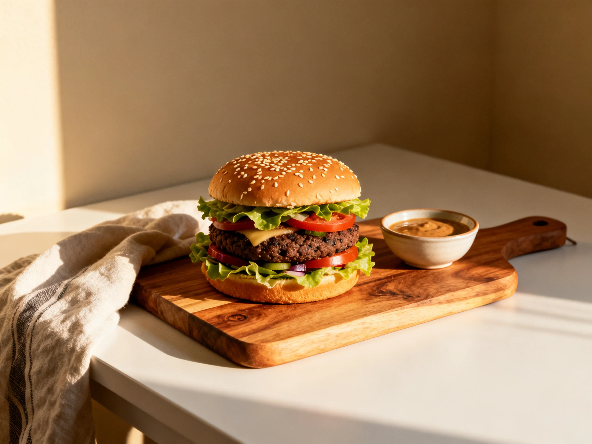 A sesame-topped double-patty burger with fresh veggies on wooden board