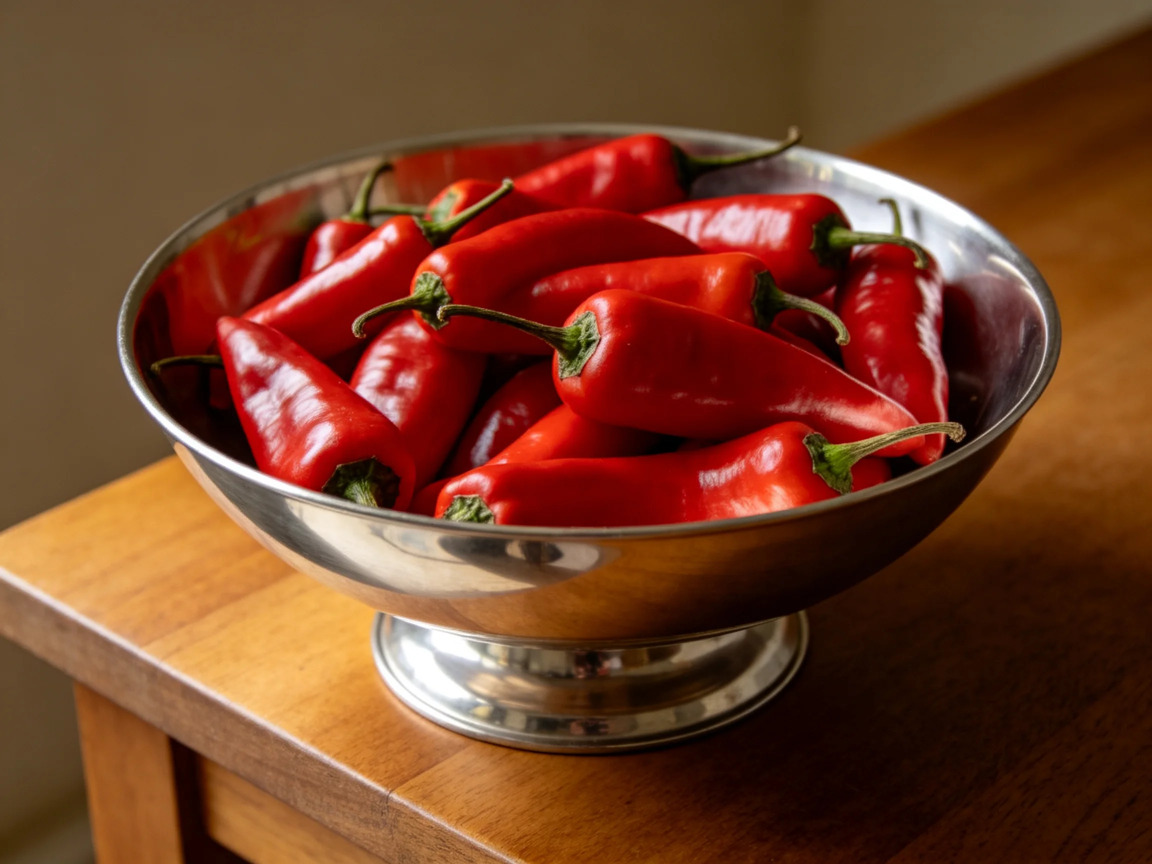 A silver bowl overflowing with glossy red chili peppers on a wooden table