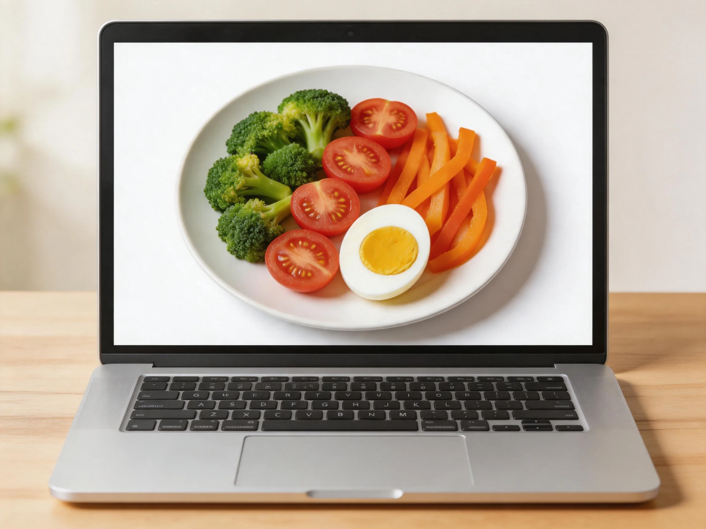 A silver laptop shows a white plate with vegetables and a boiled egg