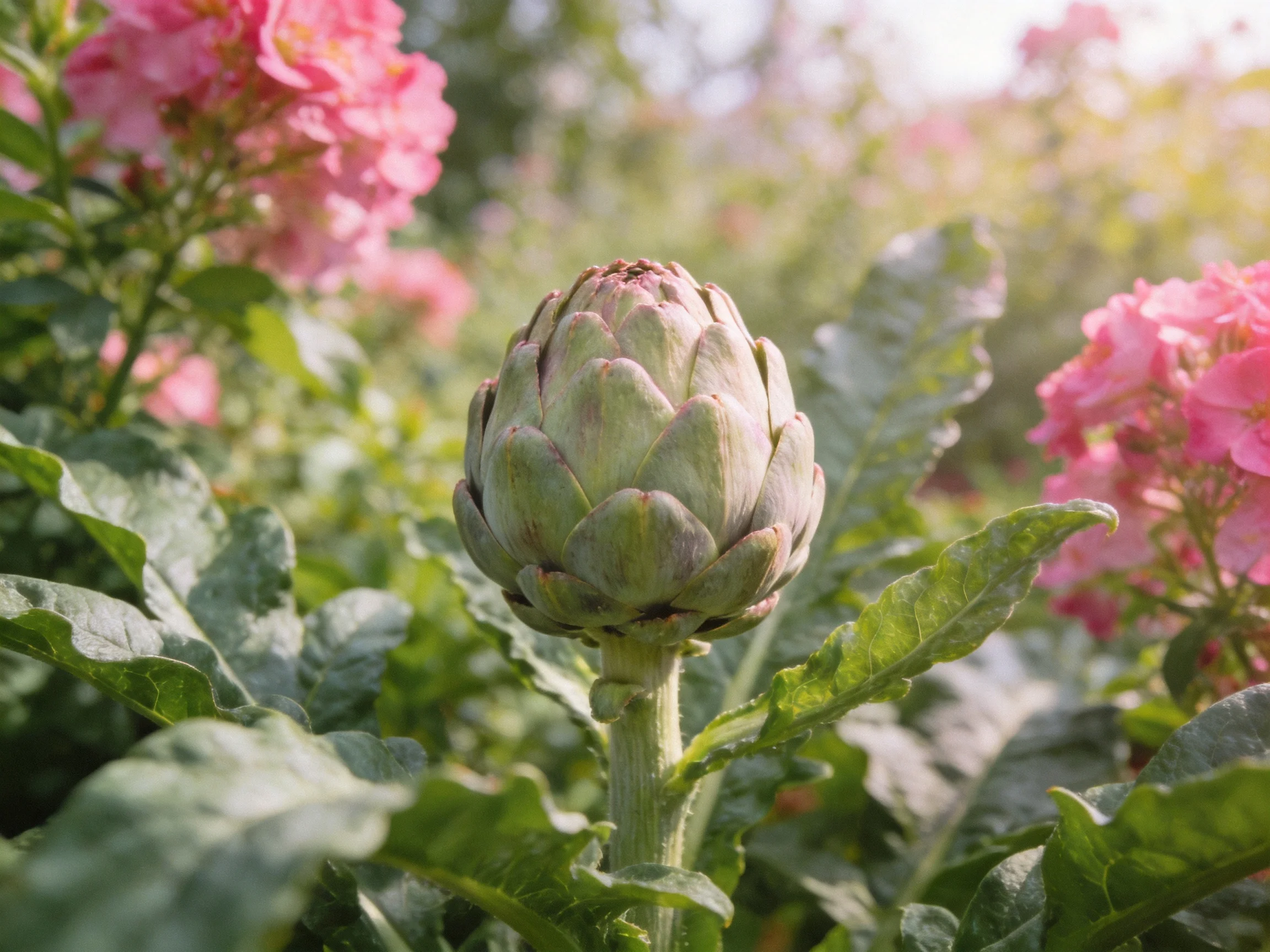 A single artichoke bud amid vibrant pink flowers and large green leaves
