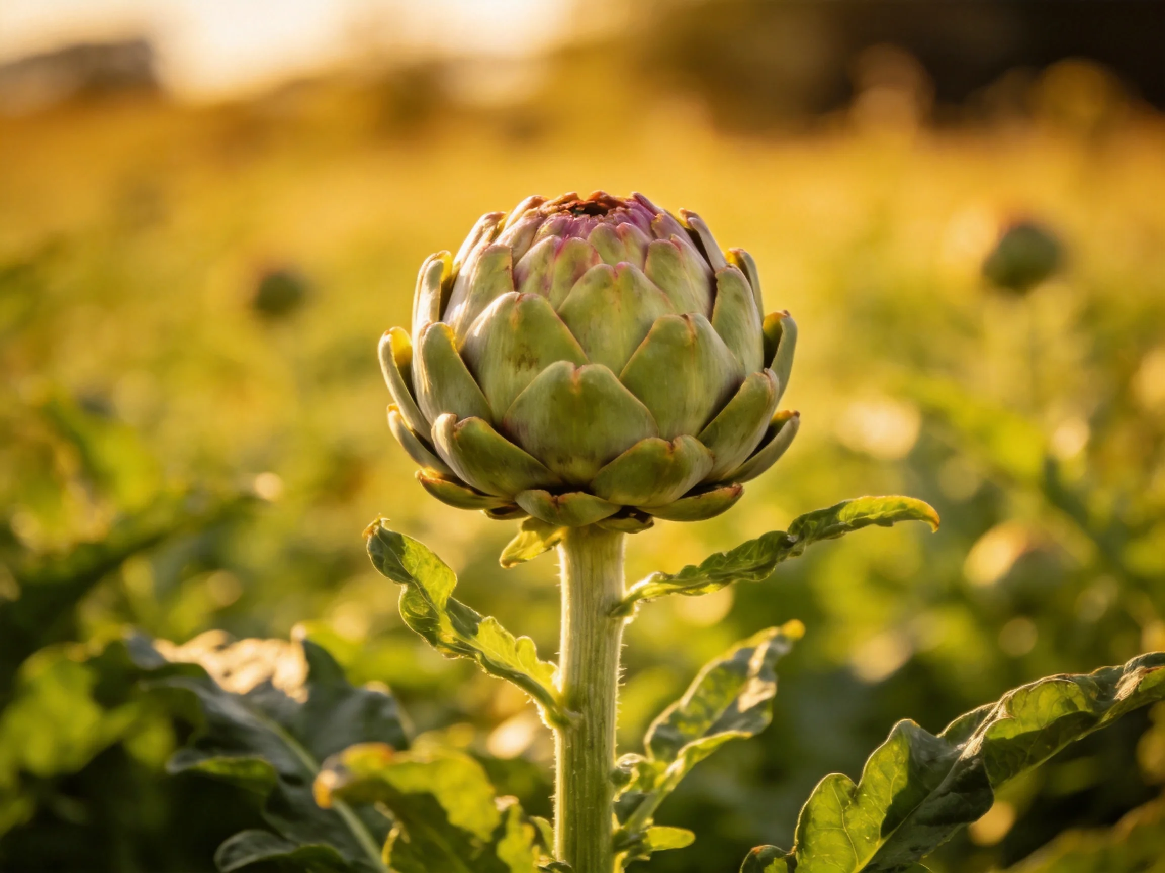 A single artichoke bud centered in a sunlit field of green vegetation