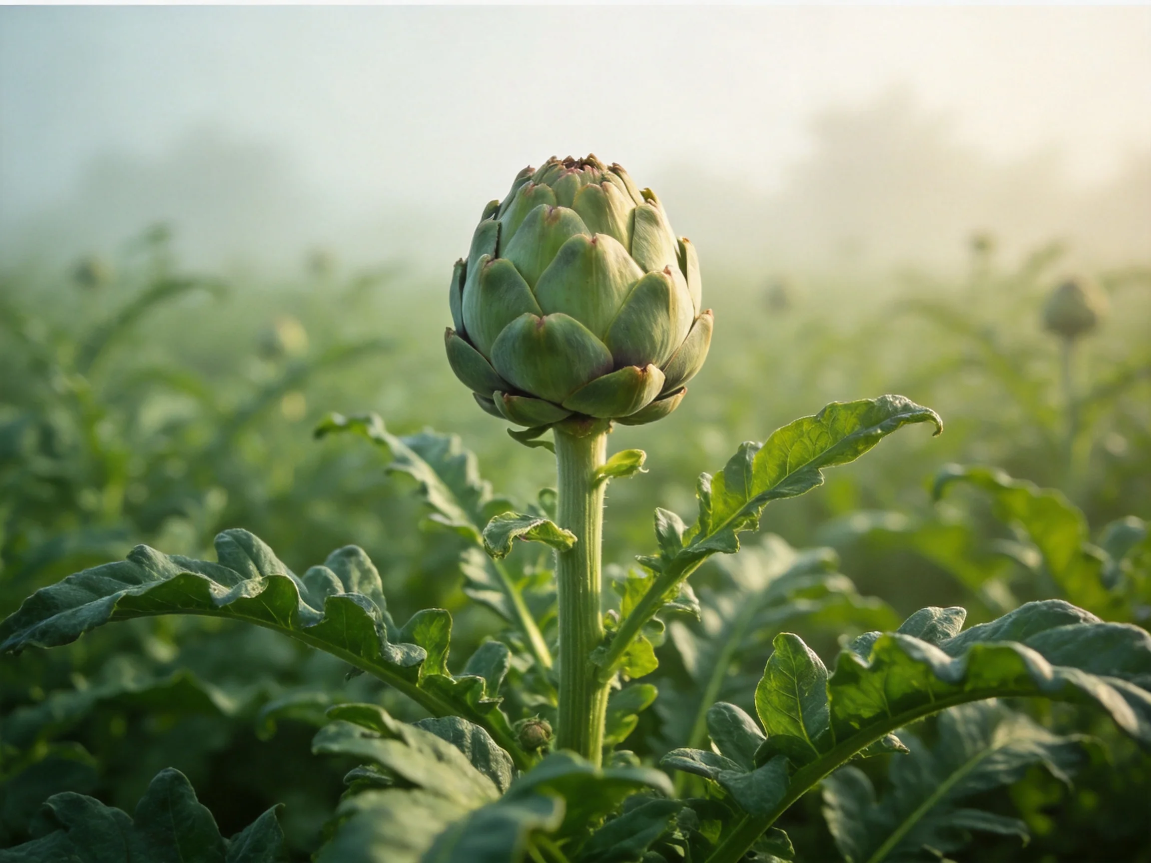 A single artichoke bud rises from lush green foliage in a misty morning field.