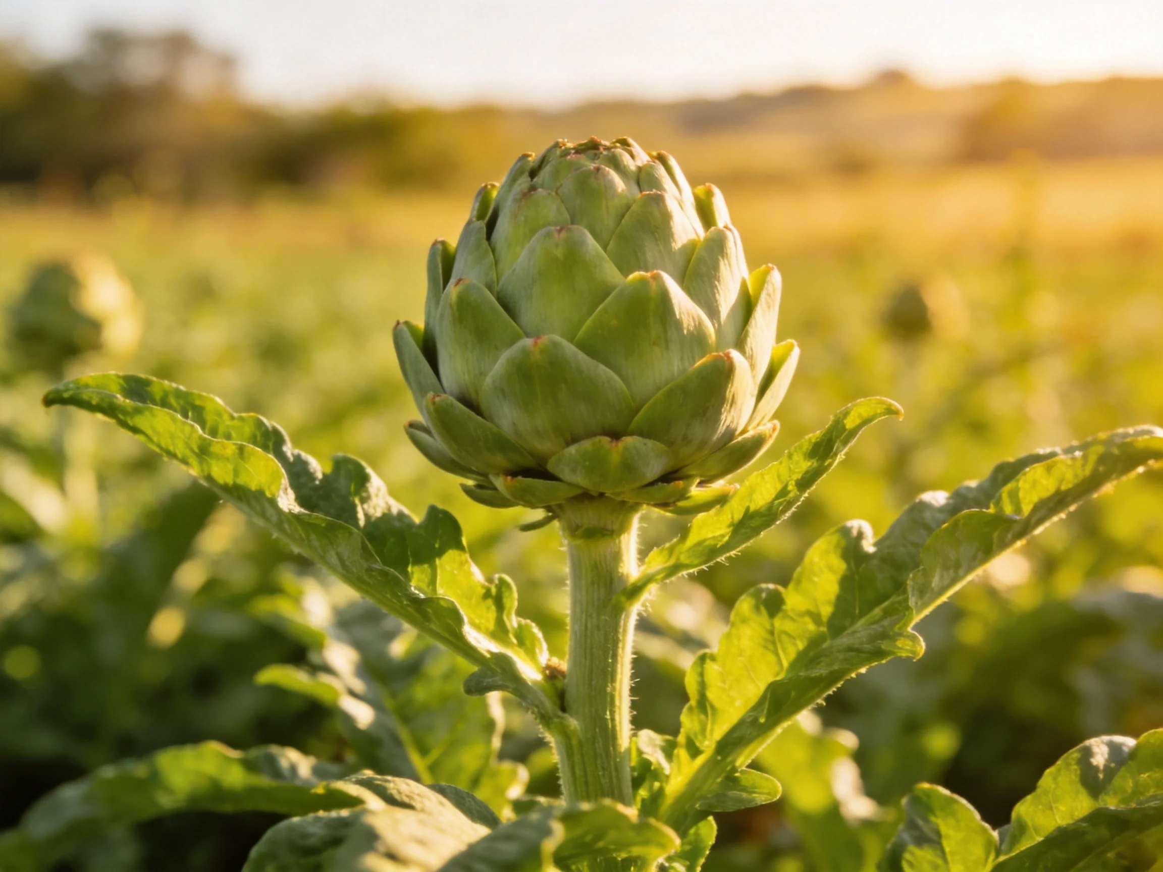 A single artichoke bud with broad green leaves in a sunlit field