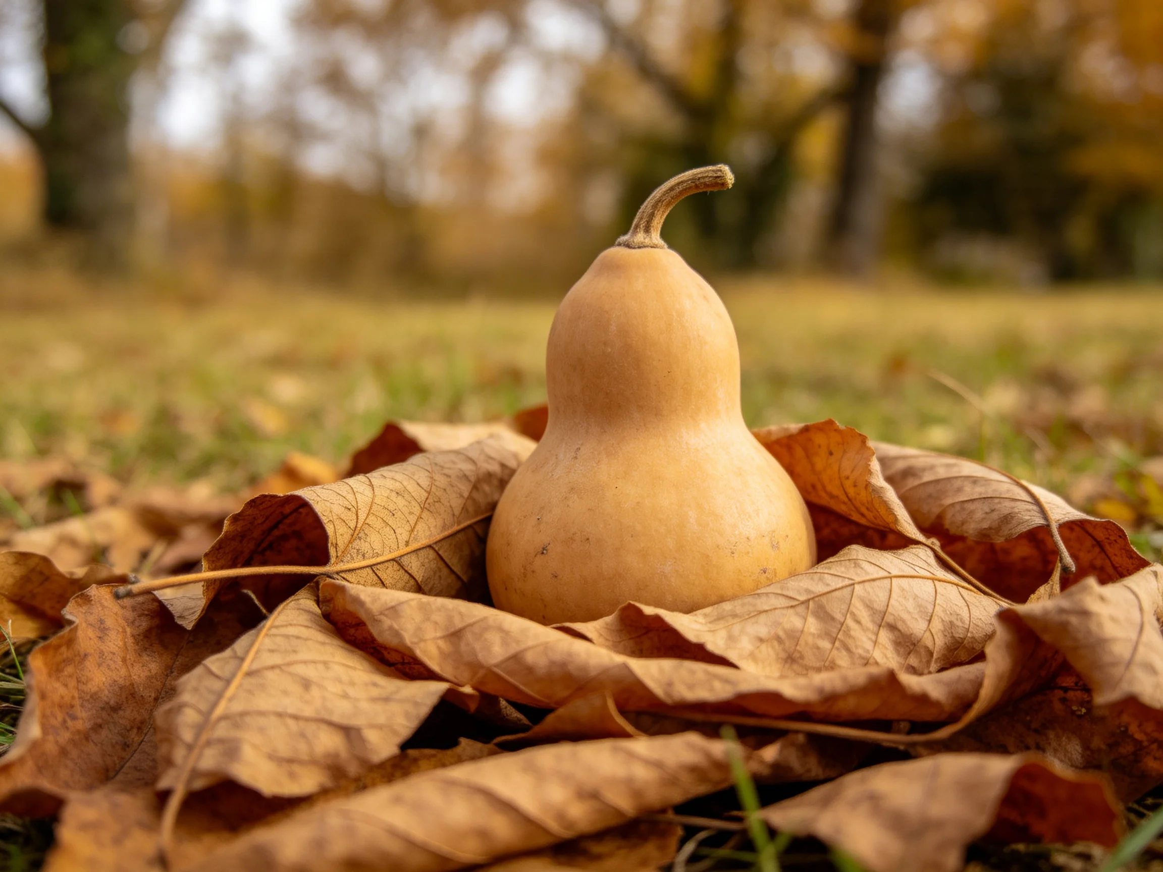 A single beige gourd rests among brown fallen leaves in a sunlit autumn field